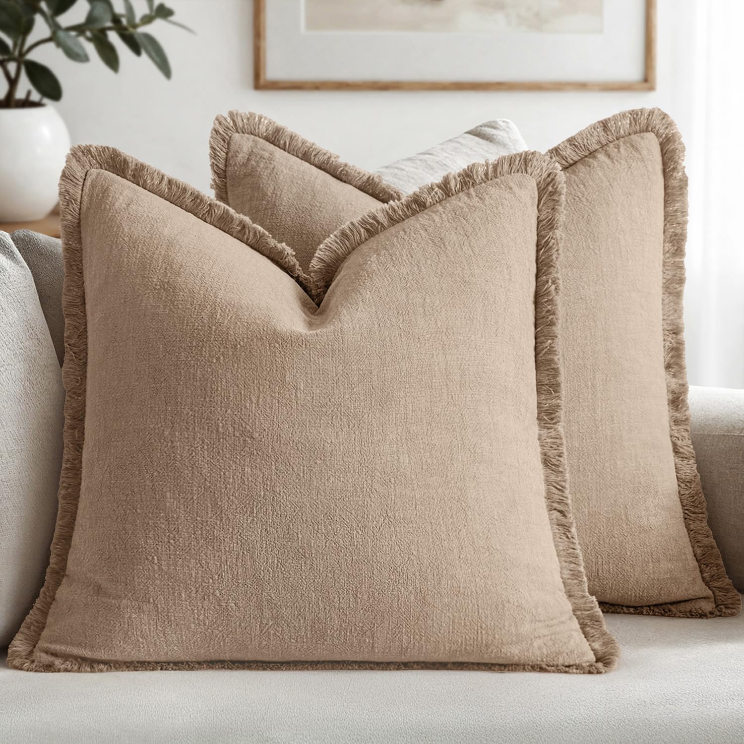 MIULEE Decorative Throw Pillow Covers Neutral Linen Fringe Throw Pillows Set of 2 Natural Beige Boho Farmhouse Cushion Cases with Tassels for Couch Sofa Bed Living Room Spring Decor 18x18 Inch