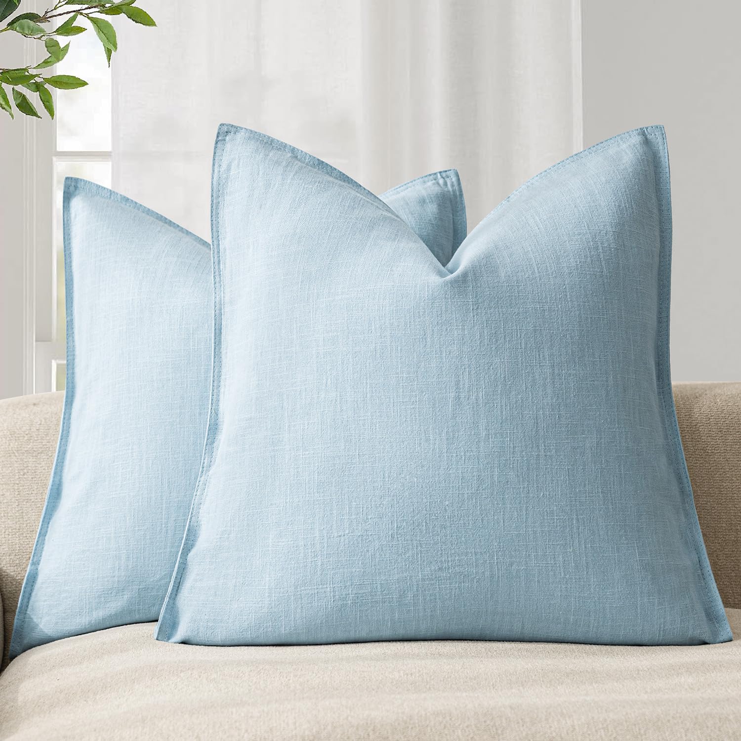 Foindtower Pack of 2, Decorative Linen Soild Throw Pillow Covers Soft Accent Cushion Case Boho Farmhouse Neutral Pillowcase for Couch Sofa Bedroom Living Room Home Decor 18 x 18 Inch Natural Beige
