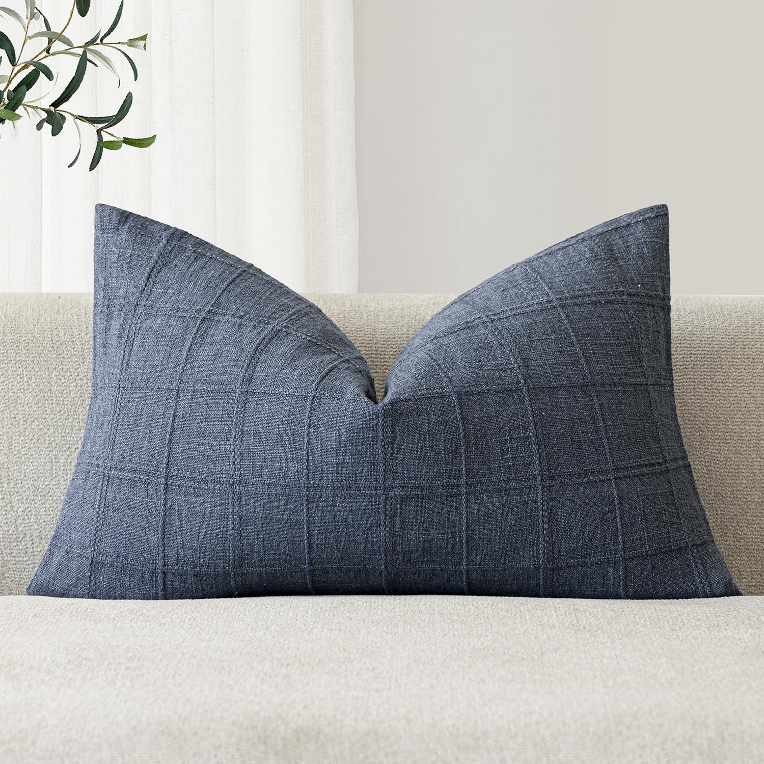 Foindtower Set of 1 Decorative Linen Check Throw Pillow Cover Neutral Farmhouse Lumbar Cushion Cover Modern Boho Home Decor for Sofa Chair Couch Bedroom Living Room,12×20 Inch,Natural Beige