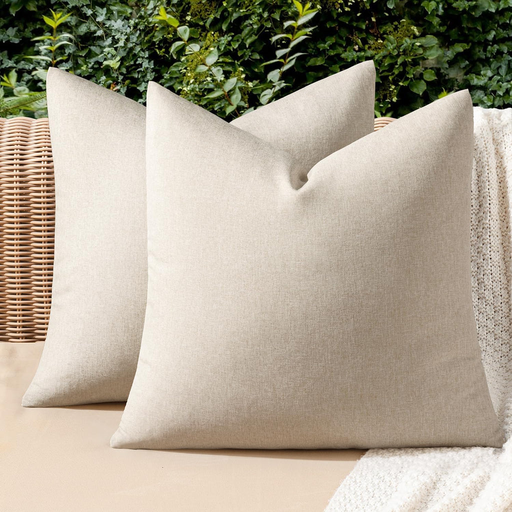 MIULEE Pack of 2 Decorative Outdoor Solid Waterproof Throw Pillow Covers Faux Linen Garden Farmhouse Cushion Cases for Patio Tent Balcony Couch Sofa 18x18 Inch Beige