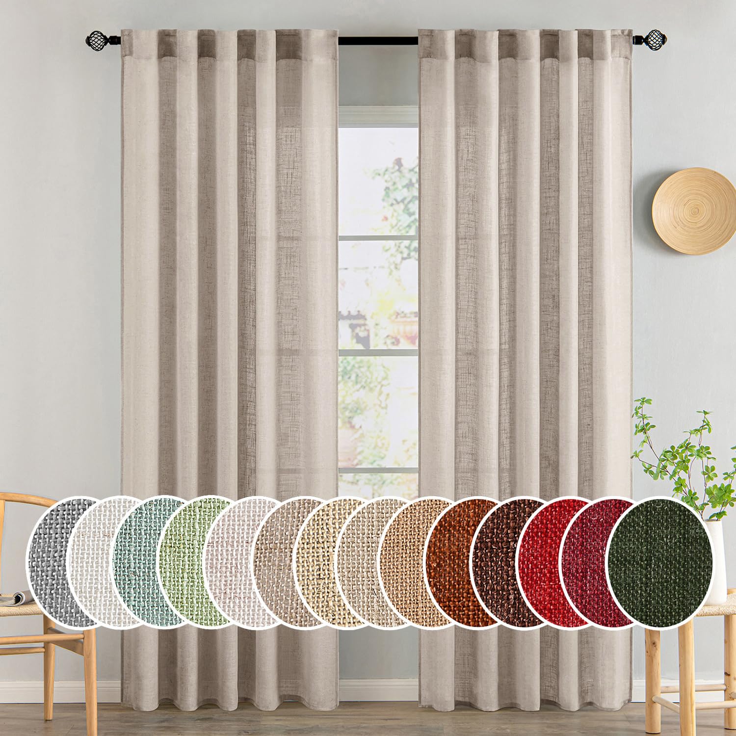 MIULEE Taupe Linen Curtains 84 Inch Length for Bedroom Living Room, Soft Thick Linen Textured Window Drapes Semi Sheer Light Filtering Back Tab Rod Pocket Burlap Look Farmhouse Country Decor, 2 Panels