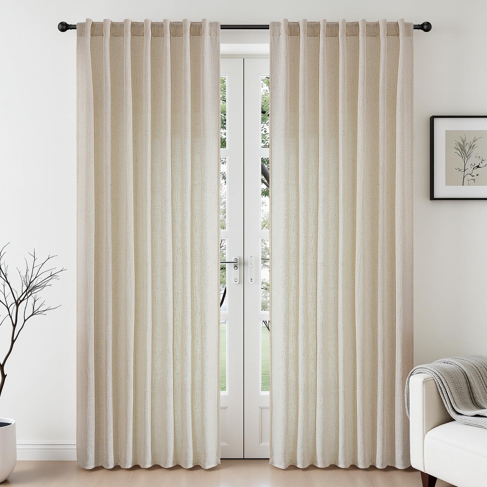 CUCRAF Natural Off White Linen Non See Through Semi Sheer Privacy Curtains 84 Inches, Light Filtering Curtain for Bedroom Living Room, 2 Panels Set Rod Pocket & Back Tab Window Drapes (52 x 84 Inch)