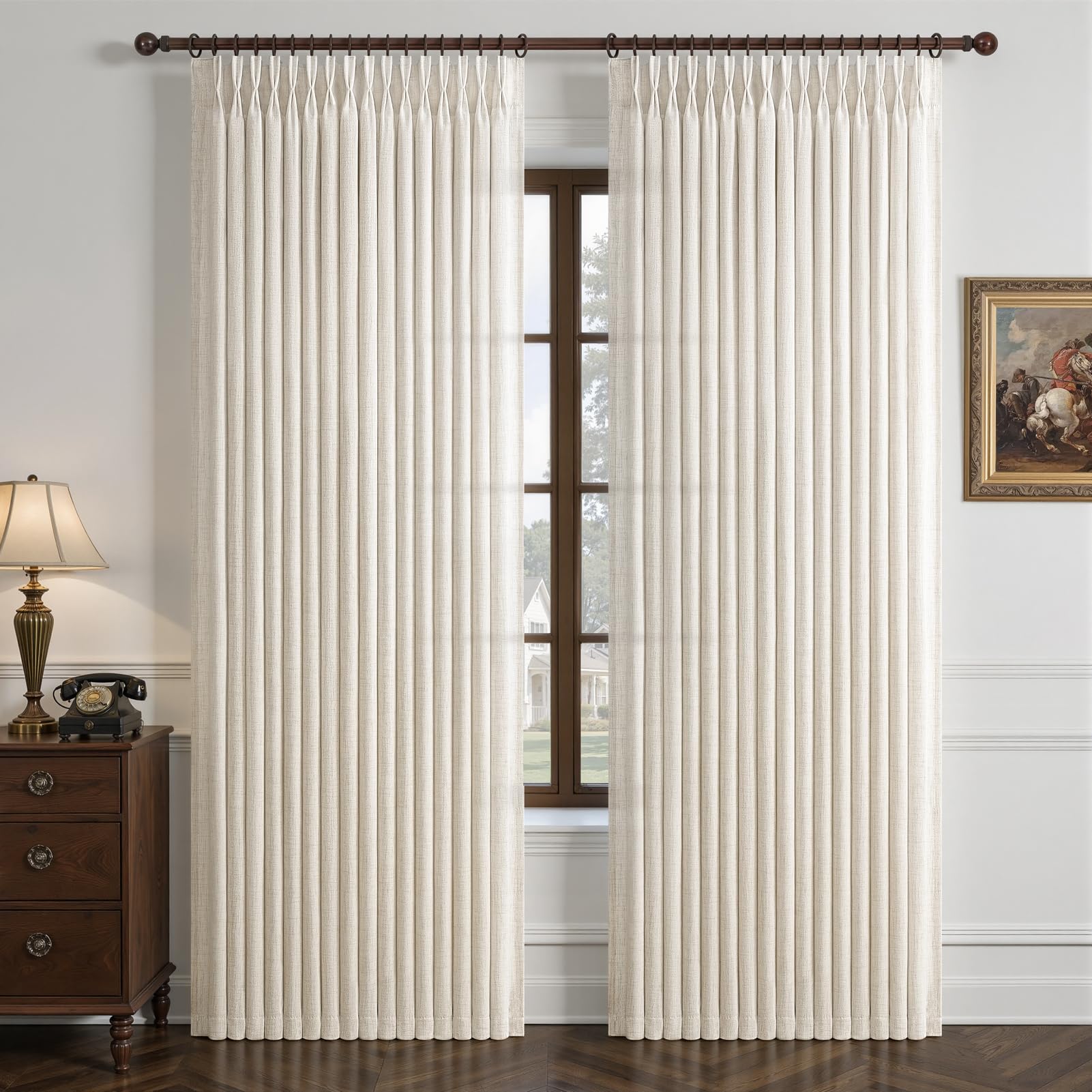 Pinch Pleated Linen 50 Inch Wide Curtains 96 Inches Long for Living Room, Memory Trained Pleat Boho Semi Sheer Birch Light Filtering Privacy Drapes 50x96 Inch Length 2 Panels Set Curtain Cream Ivory