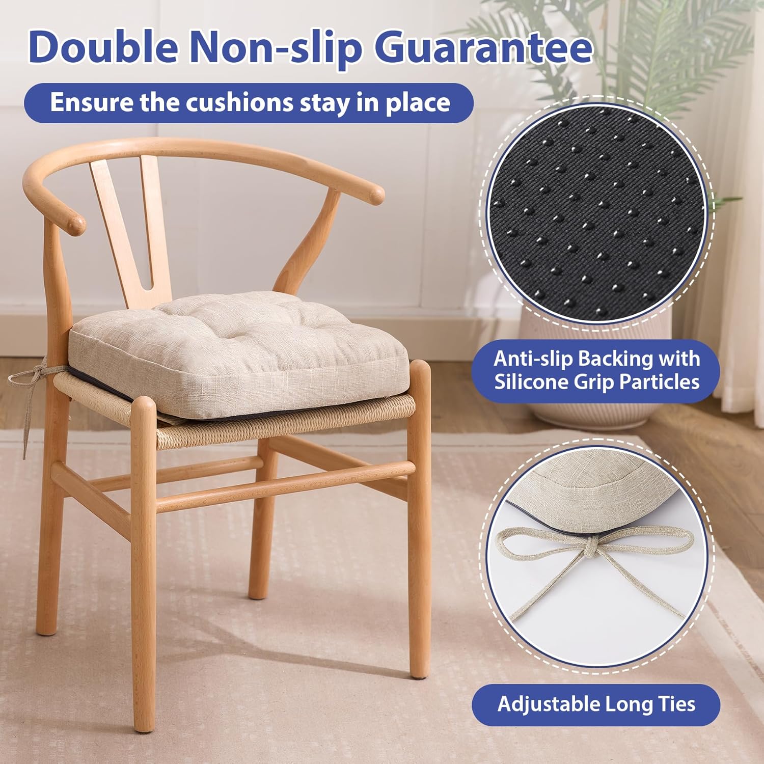 IASEAHK Chair Cushions for Dining Chairs, Dining Chair Cushions, Tufted Indoor Chair Pads with Ties & Non Slip Backing, Seat Cushions for Kitchen Chairs 16.5” x 16.5” x 3.5”, Set of 2, Beige