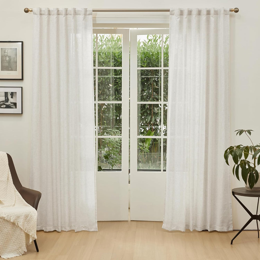 MYSKY HOME Linen Curtains for Living Room, Natural Semi Sheer Curtains & Drapes 84 inches Length 2 Panels Set Farmhouse Country Boho Style Back Tab Draperies for Sliding Glass Door, 50" Wide, Linen