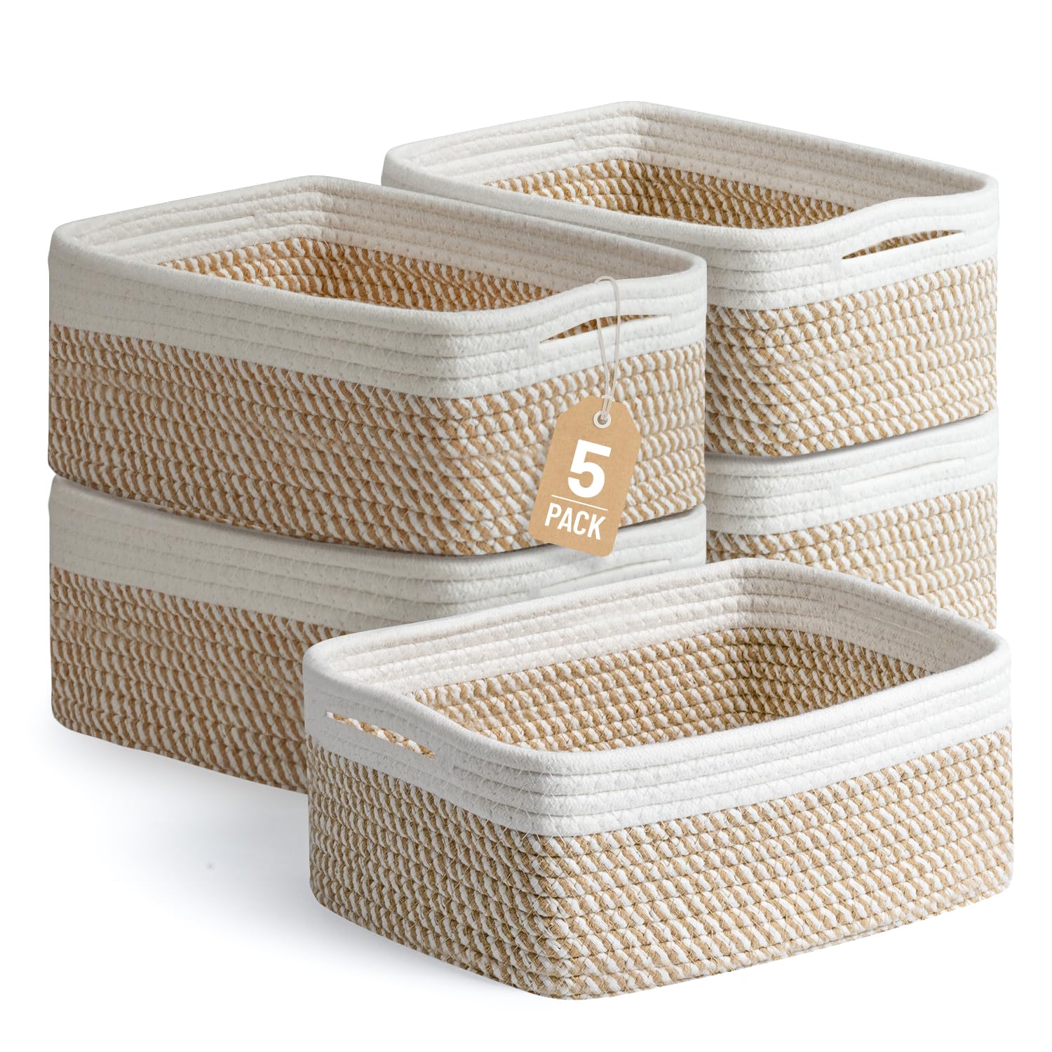 5 Pack Small Woven Storage Baskets for Shelves, Cotton Rope Baskets Organizer for Bathroom, Closet & Nursery, Decorative Storage Bins for Organizing Socks, Toys, 11.8"x7.9"x4.7", Khaki/White