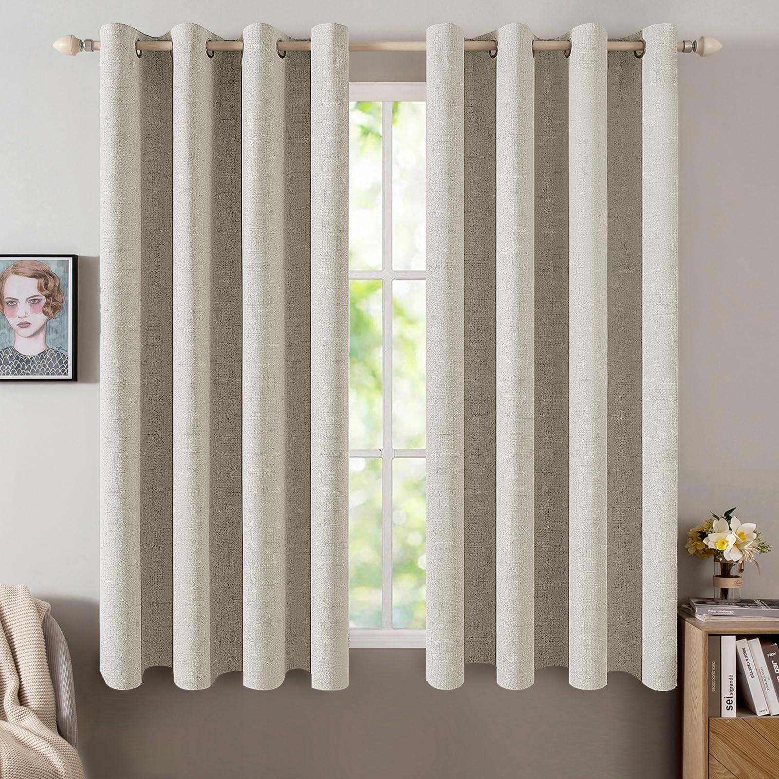 MIULEE 100% Blackout Linen Textured Curtains for Bedroom Solid Thermal Insulated Natural Beige Grommet Room Darkening Curtains & Drapes Luxury Decor for Living Room Nursery 52 x 84 Inch (2 Panels)