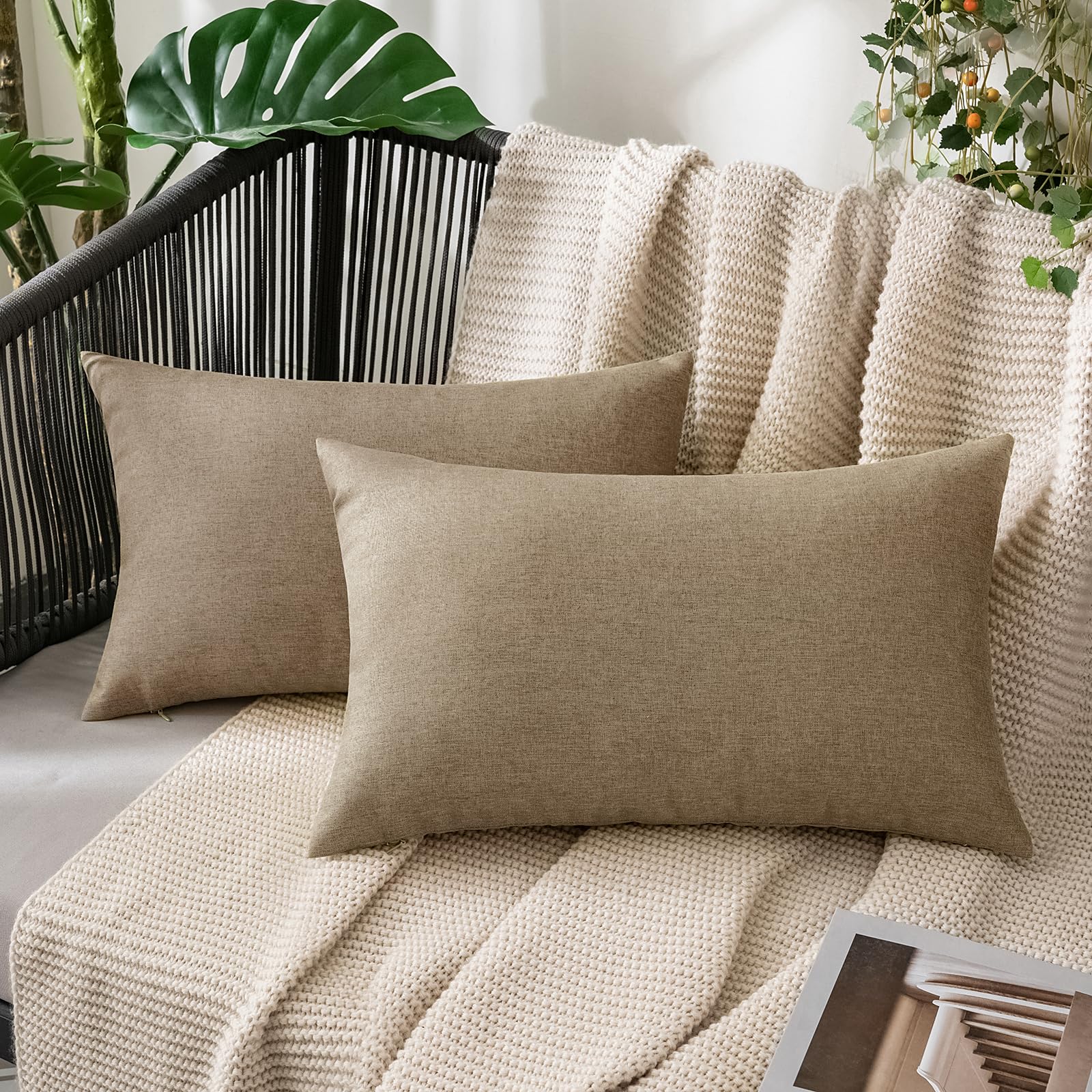 MIULEE Pack of 2 Decorative Outdoor Solid Waterproof Throw Pillow Covers Faux Linen Garden Farmhouse Cushion Cases for Patio Tent Balcony Couch Sofa 18x18 Inch Beige
