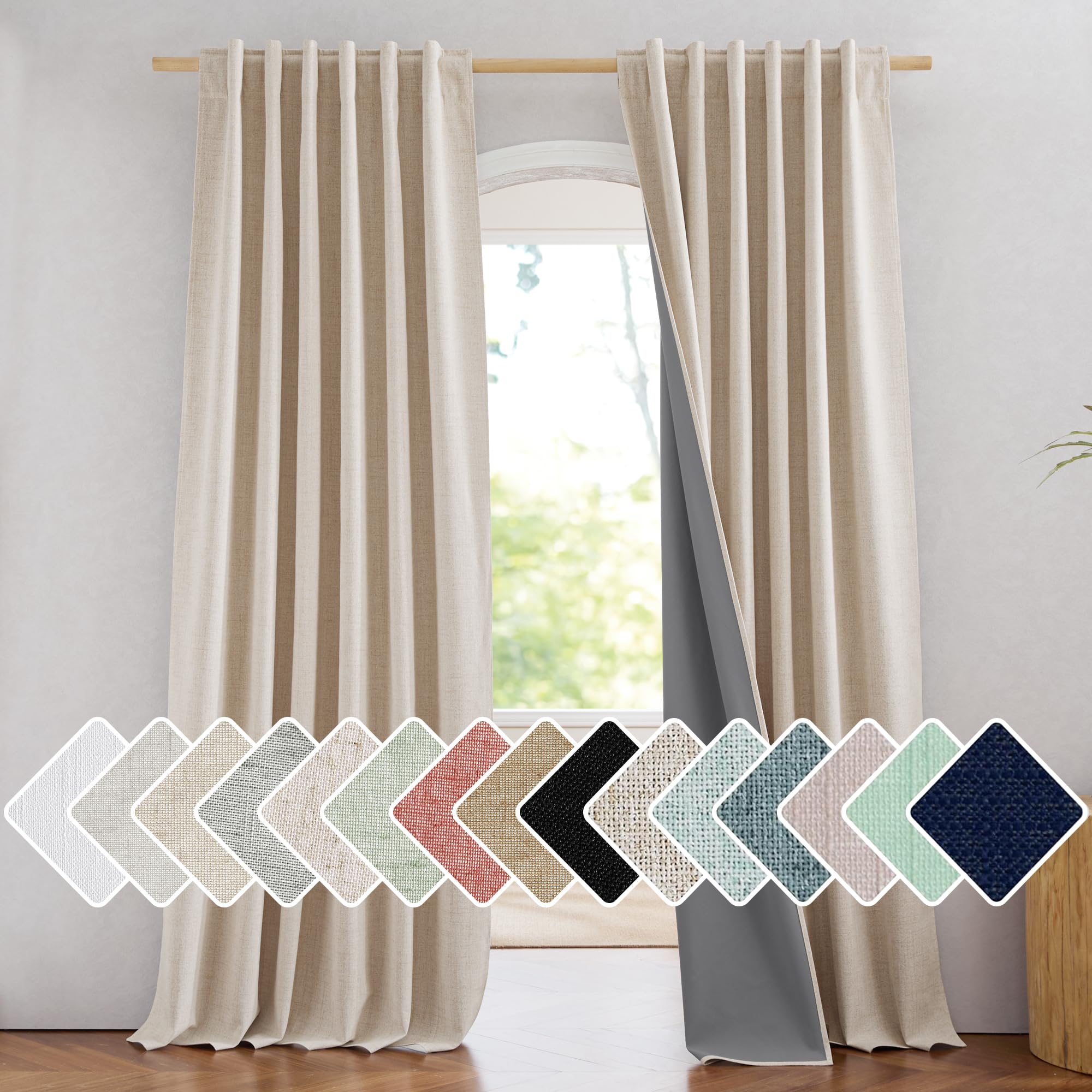 NICETOWN 100% Blackout Linen Curtains 90" Long for Bedroom, Thermal Insulated Living Room Curtains with Liner, Farmhouse Style Linen Blend Window Draperies for Dining Room (2 Panels, 52" W, Natural)