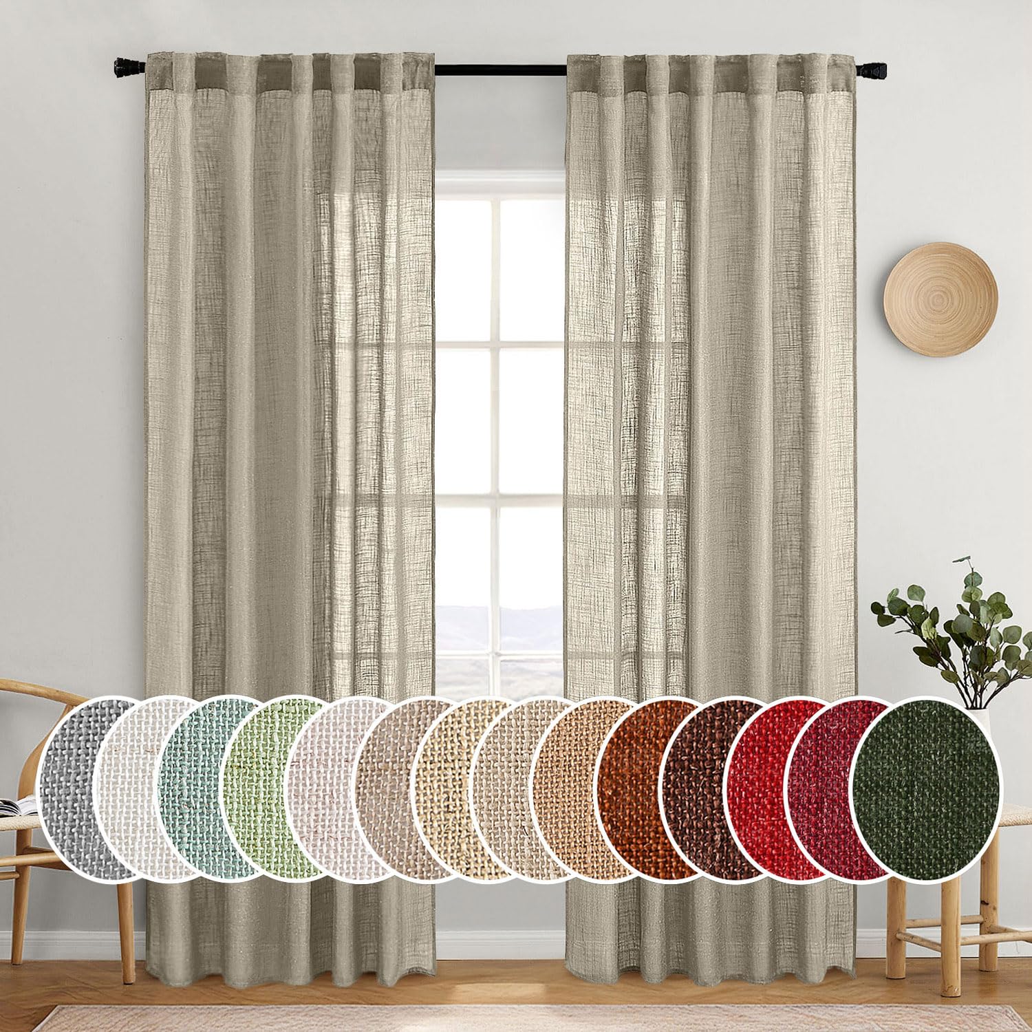 MIULEE Natural White Linen Curtains 84 Inch Long for Bedroom Living Room, Soft Thick Linen Textured Window Drapes Semi Sheer Light Filtering Rod Pocket Back Tab Neutral Farmhouse Cream Ivory 2 Panels