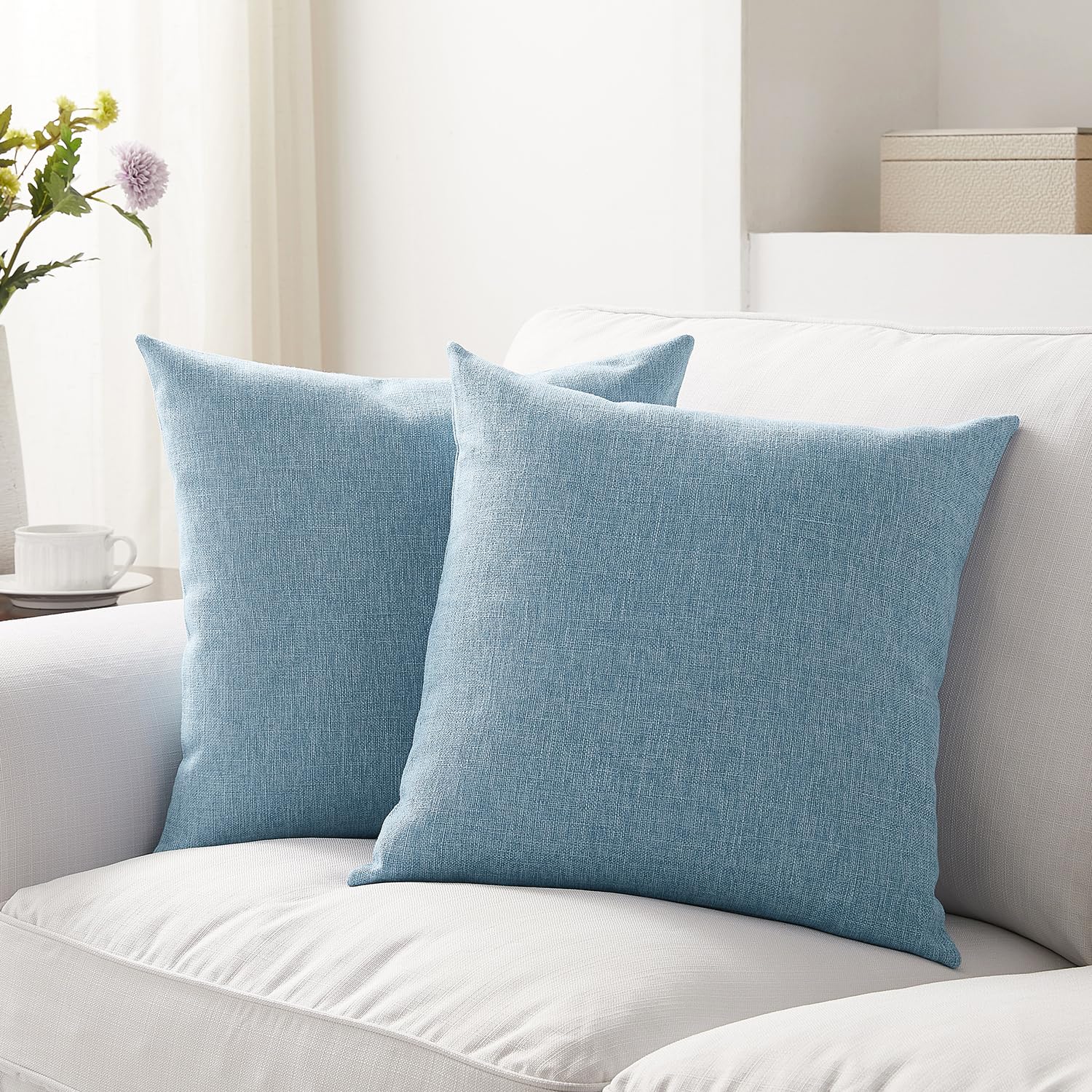 Meekio Set of 2 Ivory Throw Pillow Covers 18x18, Modern Farmhouse Linen Blend Decorative Pillow Covers for Couch Sofa Bed, Neutral Home Decor
