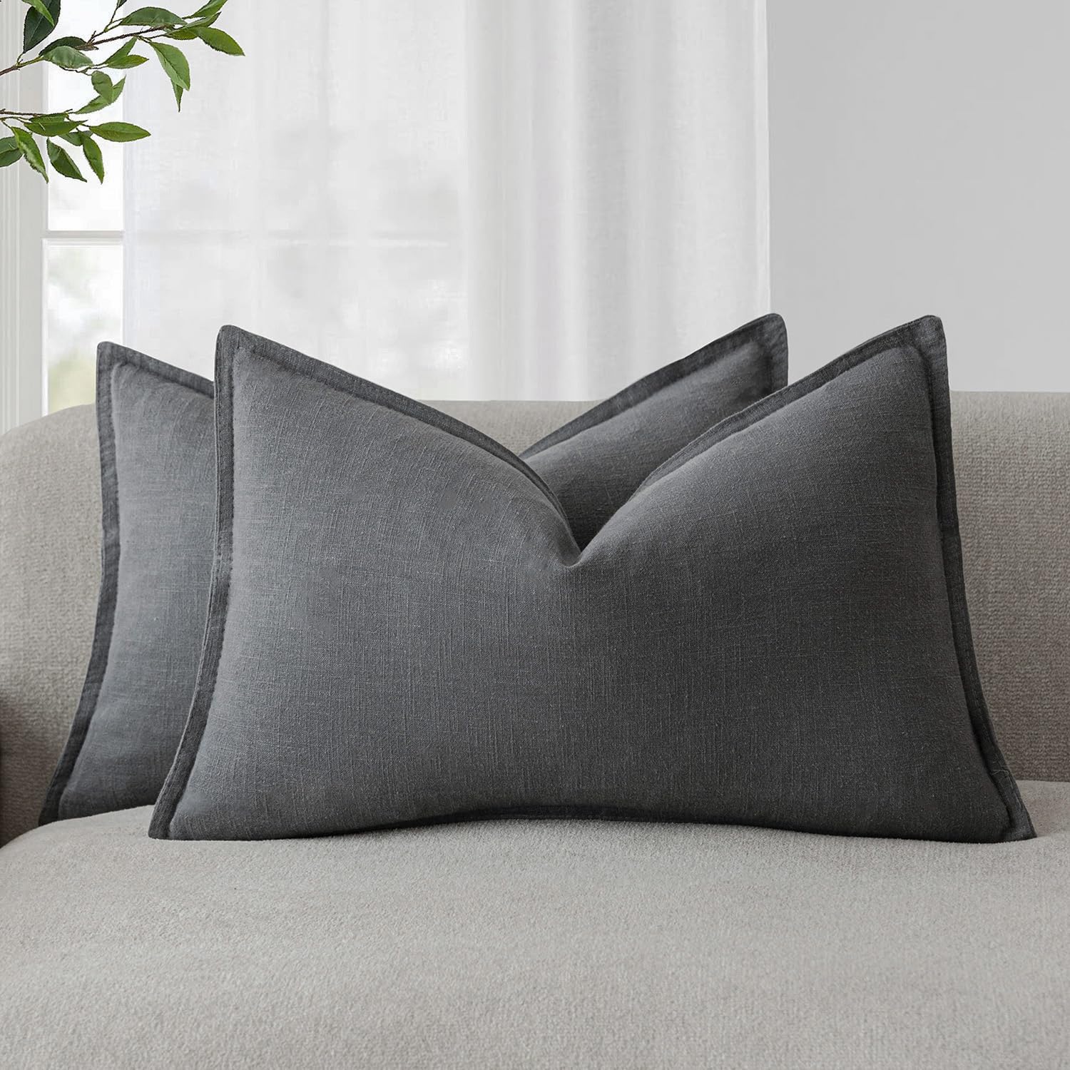 Foindtower Pack of 2, Decorative Linen Soild Throw Pillow Covers Soft Accent Cushion Case Boho Farmhouse Neutral Pillowcase for Couch Sofa Bedroom Living Room Home Decor 18 x 18 Inch Natural Beige