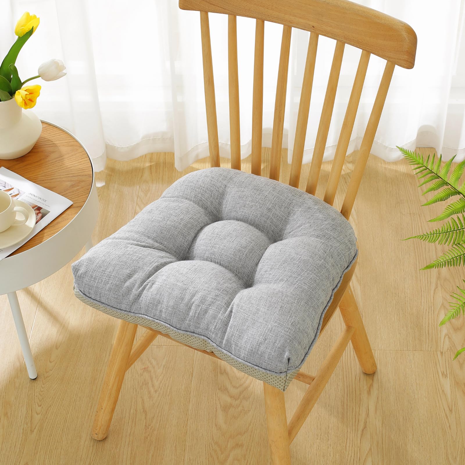 Cotton Linen Soft Comfort Chair Cushion 18"x17"x2" Tufted Chair Pads with Ties Non-Slip Seat Cushions for Indoor Dining Room Kitchen and Office Chairs (Khaki,18"x17")