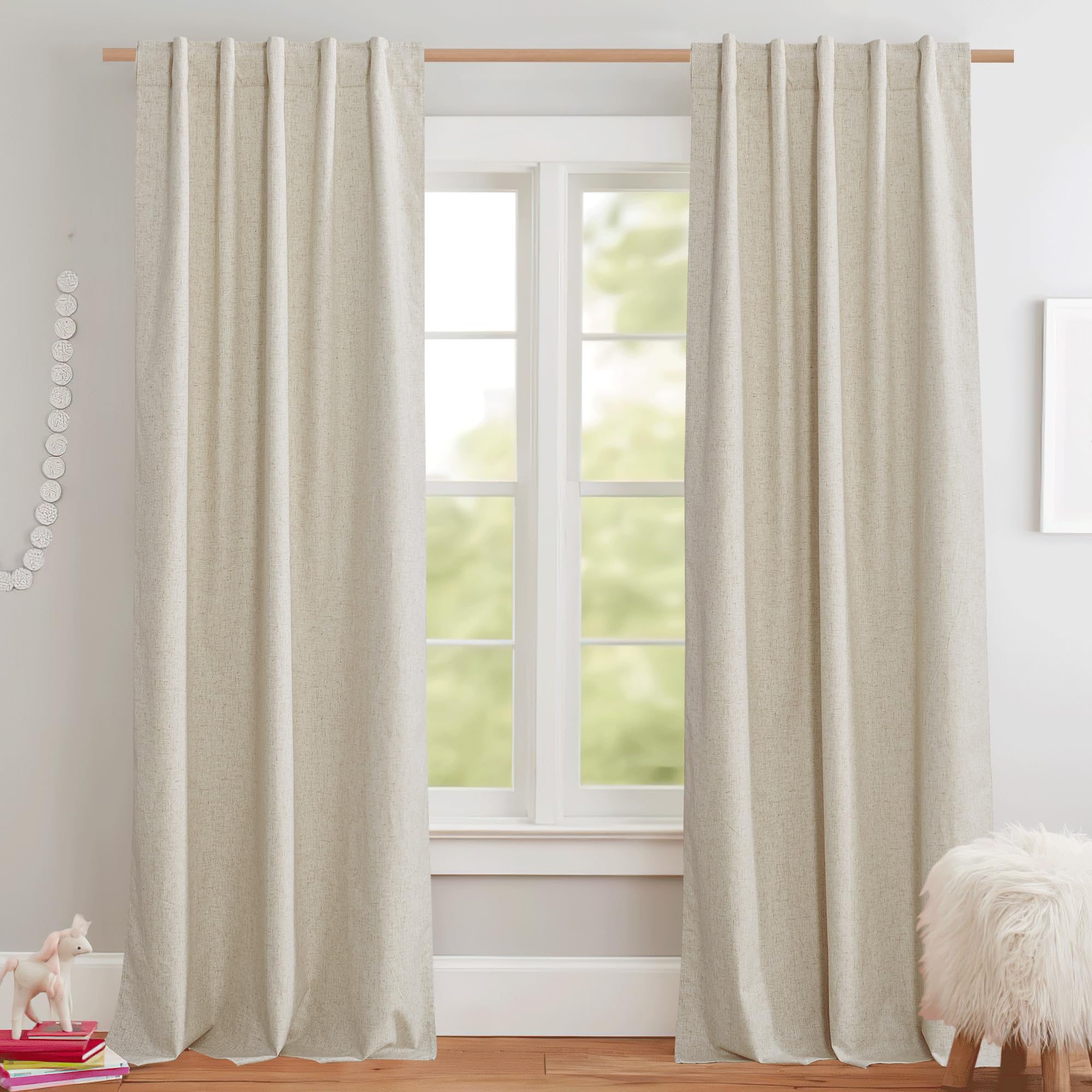 NICETOWN 100% Blackout Linen Curtains 90" Long for Bedroom, Thermal Insulated Living Room Curtains with Liner, Farmhouse Style Linen Blend Window Draperies for Dining Room (2 Panels, 52" W, Natural)