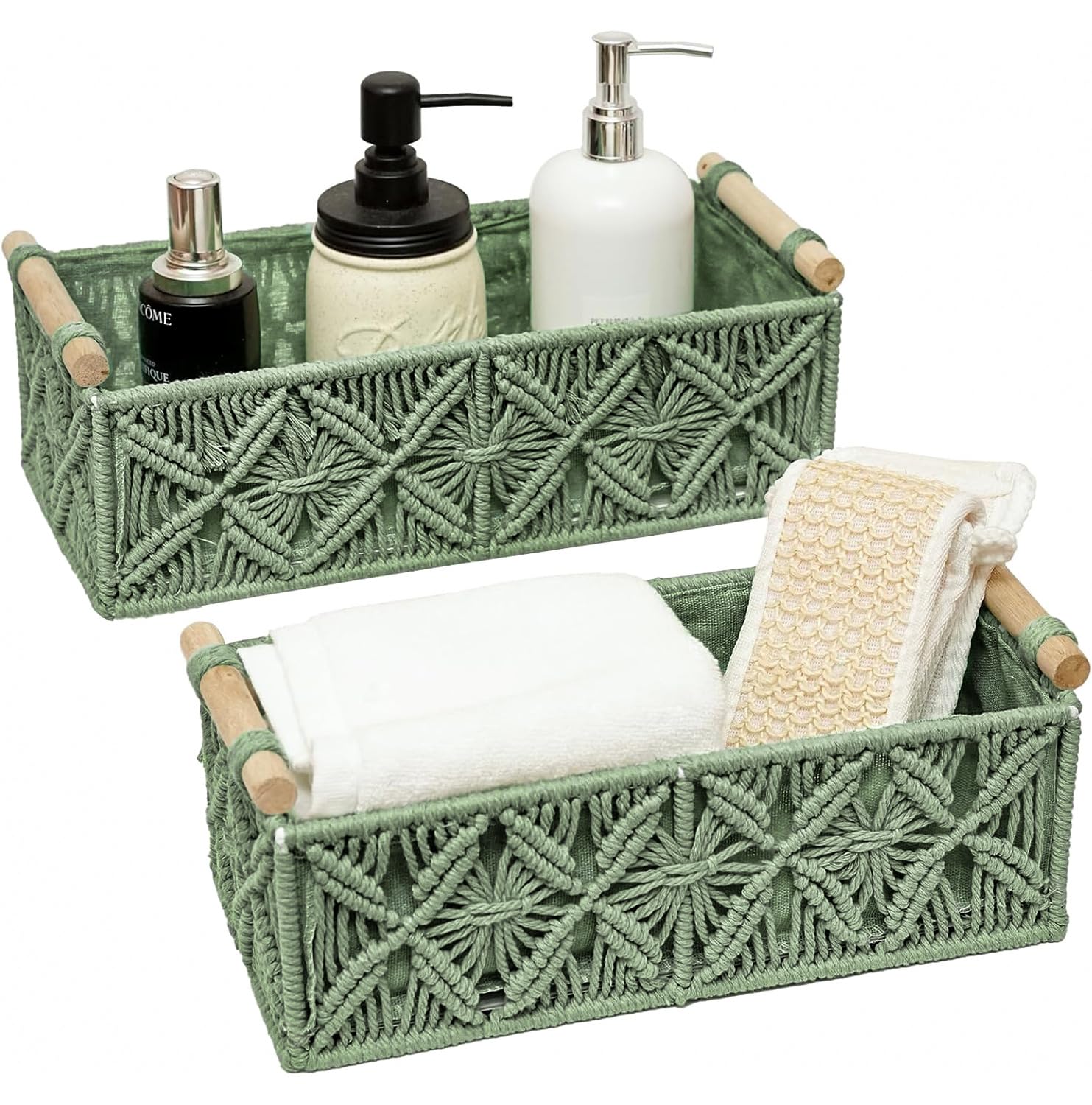 HOSROOME Macrame Storage Basket Boho Decor Baskets for Organizing Woven Decorative for Countertop Toilet Paper Basket for Tank Top for Home Decor Bedroom Nursery Livingroom Entryway (Set of 2)