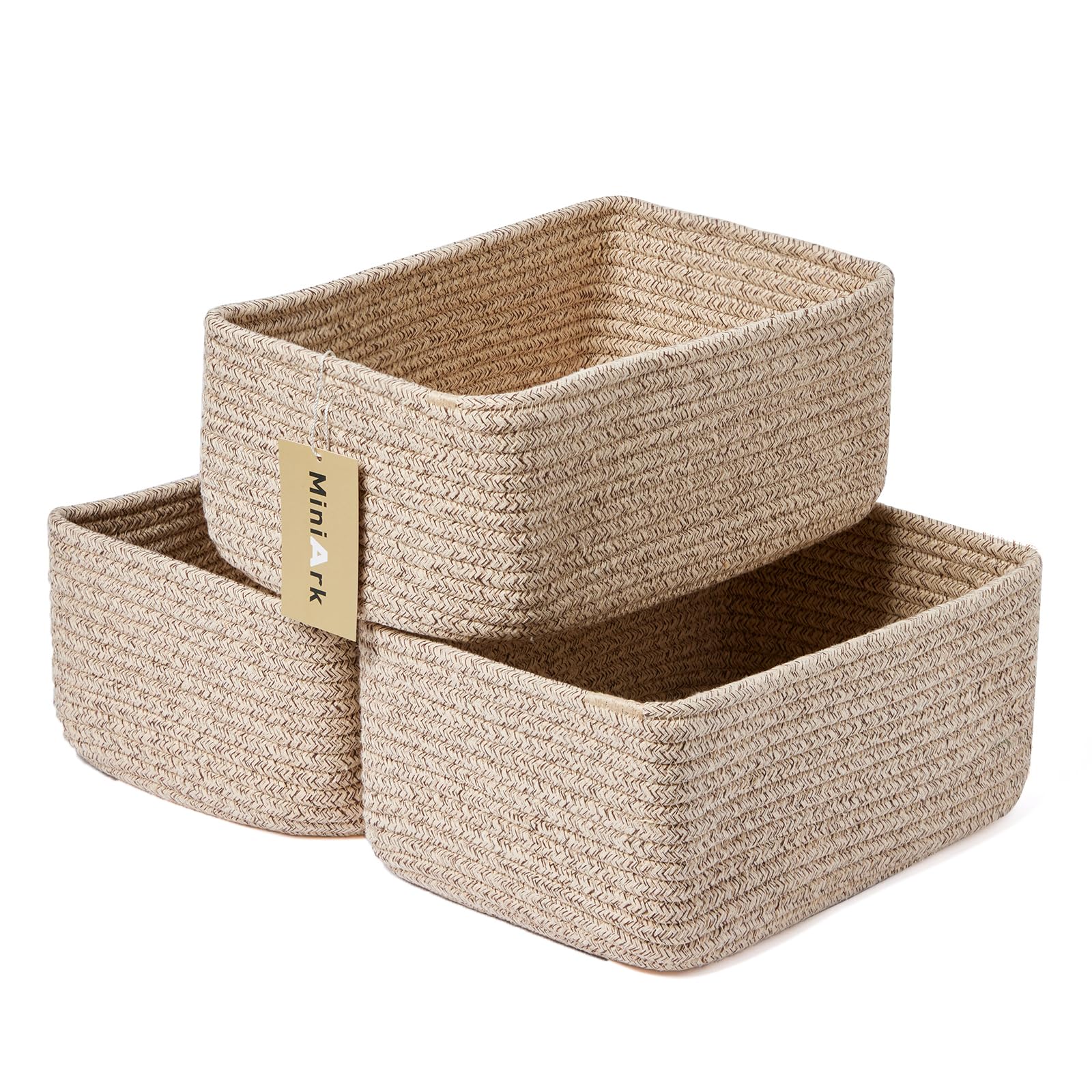 MiniArk Small Storage Baskets for Organizing | Closet Organizer Bins | Shelf Toy Basket | Woven Rope Baskets | Cube Decorative Box | Shallow Basket | L11.5xW7.5xH4.7| Brown