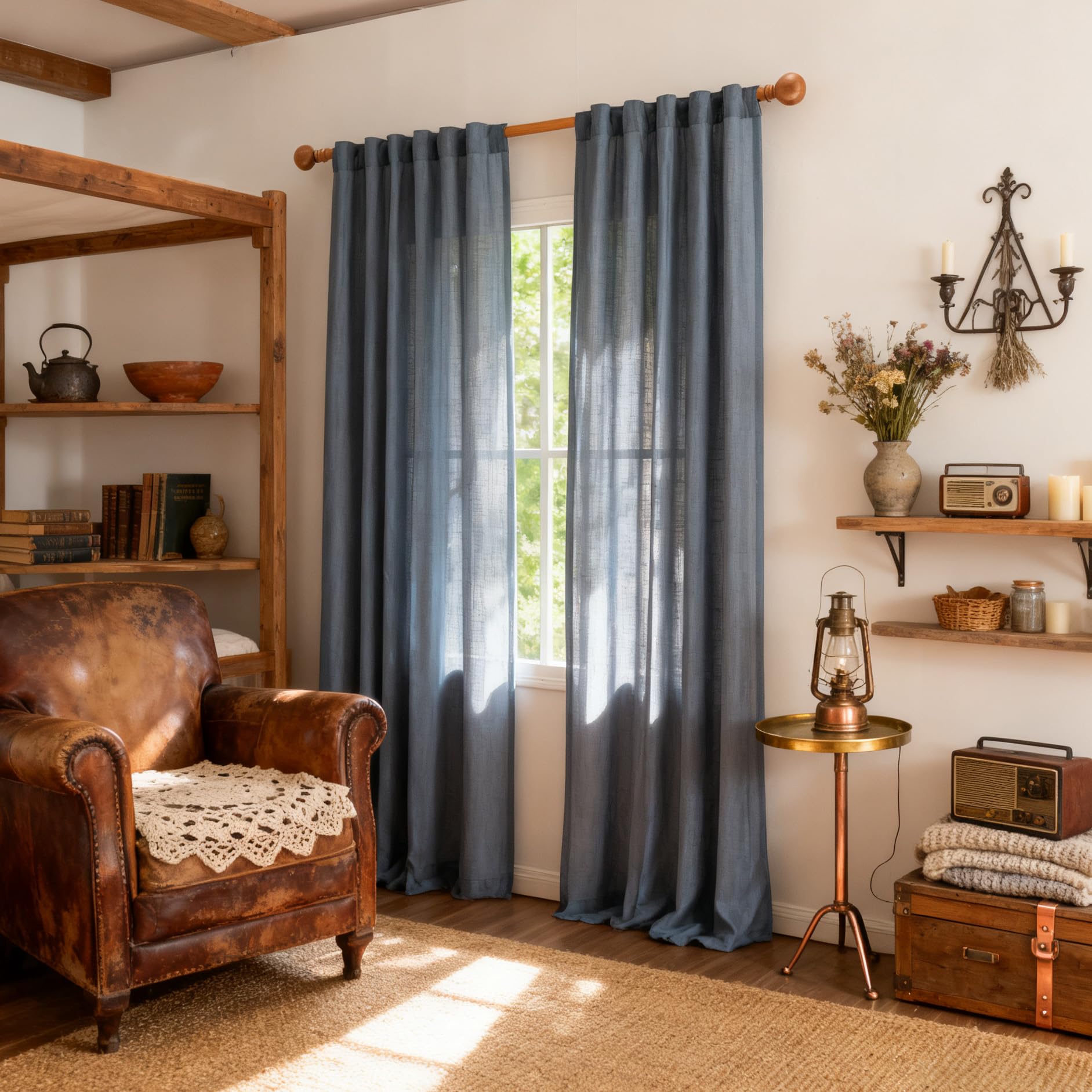 MYSKY HOME Linen Curtains for Living Room, Natural Semi Sheer Curtains & Drapes 84 inches Length 2 Panels Set Farmhouse Country Boho Style Back Tab Draperies for Sliding Glass Door, 50" Wide, Linen