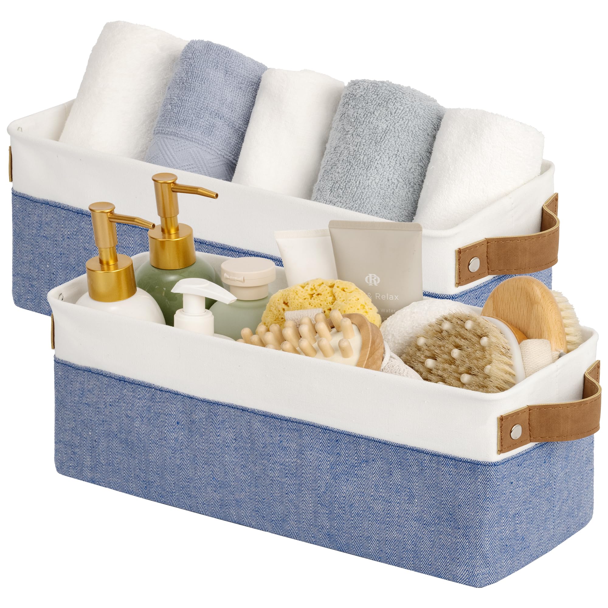 StorageWorks Narrow Storage Bins, Small Basket for Closet and Shelves, Fabric Organizer with Handles, Toilet Paper Storage, Khaki and Beige Stripes, 2-Pack