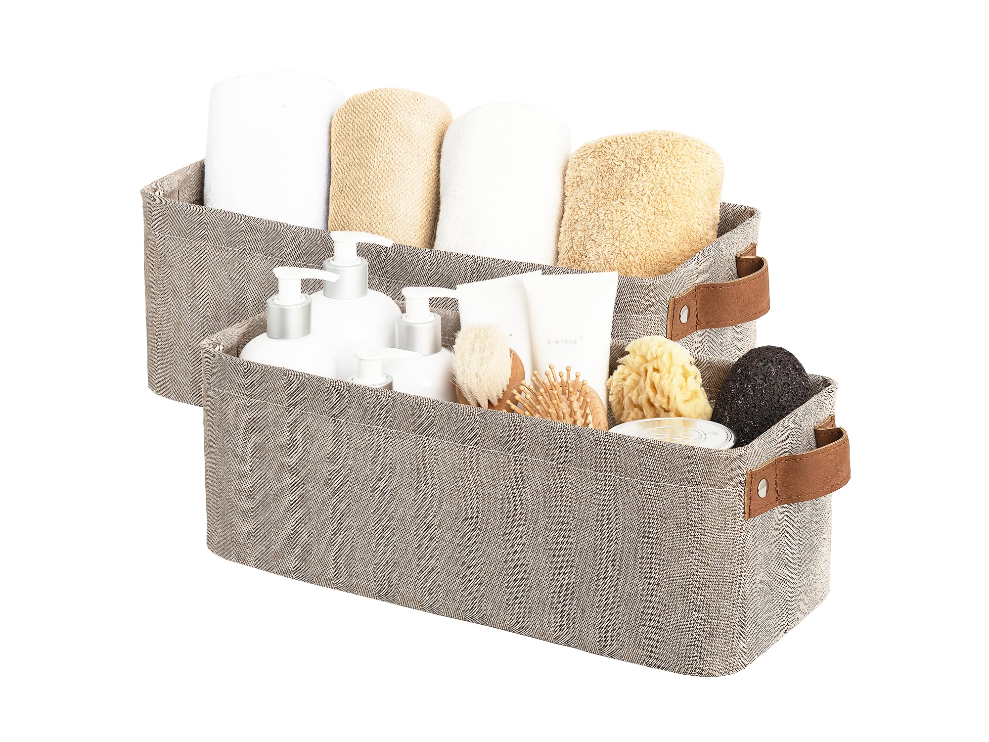 StorageWorks Narrow Storage Bins, Small Basket for Closet and Shelves, Fabric Organizer with Handles, Toilet Paper Storage, Khaki and Beige Stripes, 2-Pack