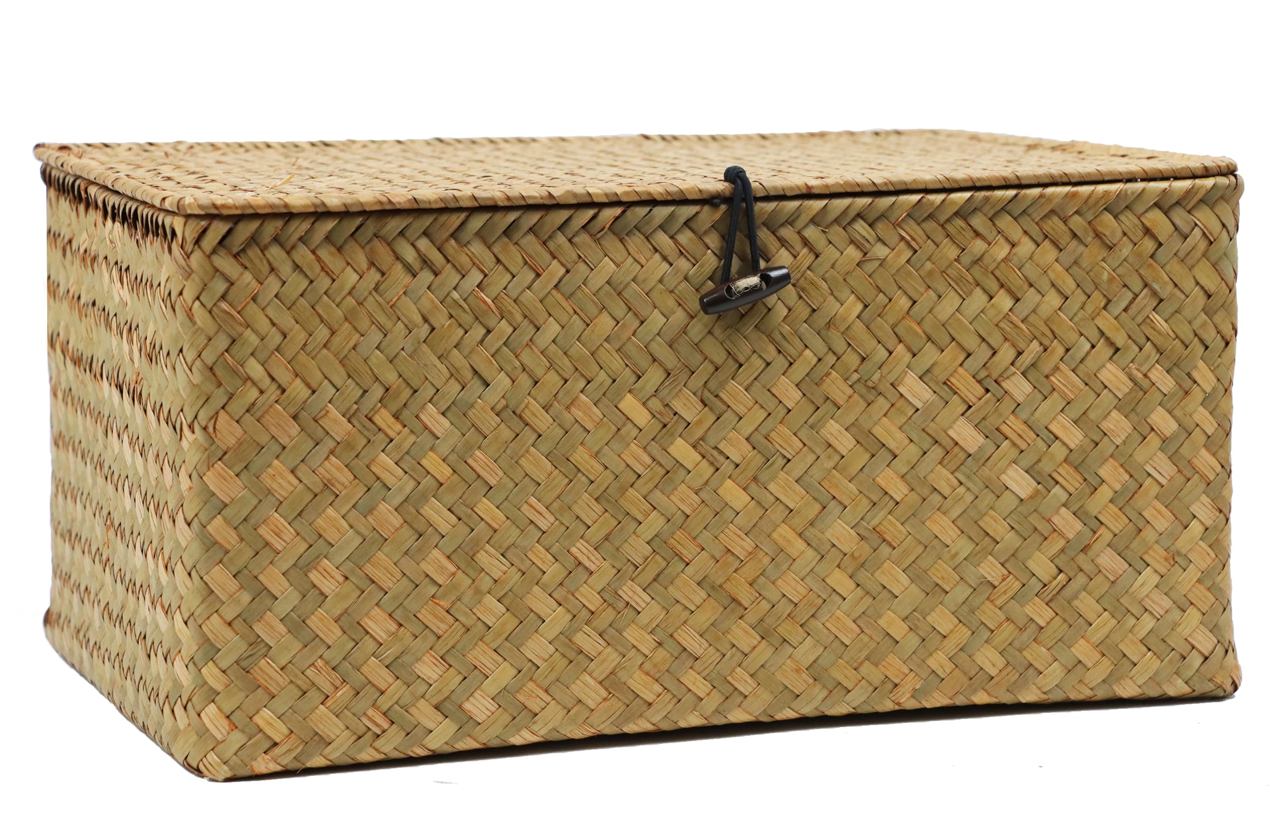 Wicker Storage Basket with Lid, Natural Seagrass Storage Baskets for Organizing, Rectangular Woven Basket for Storage, Decorative Boxes Bins with Lids Home Organizer Decor