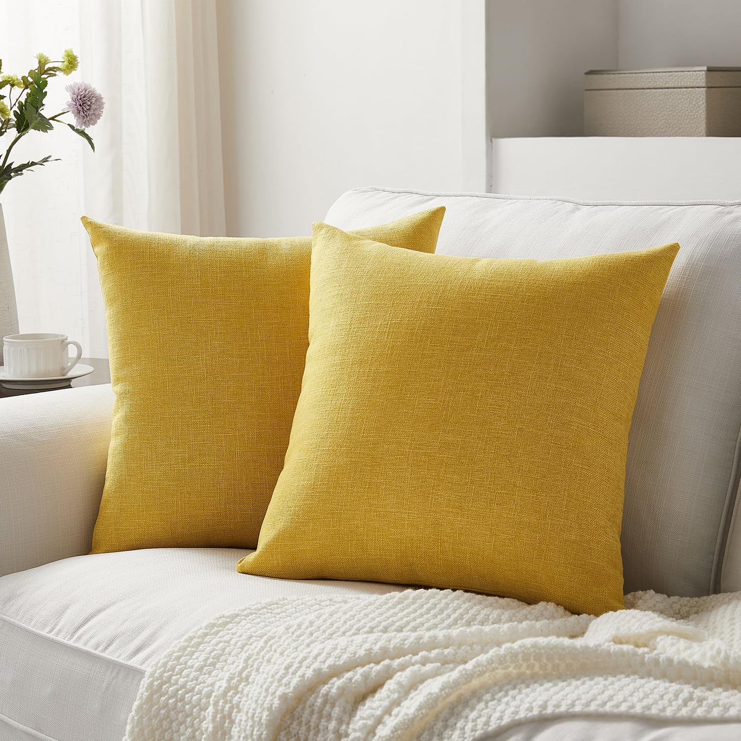 Meekio Set of 2 Ivory Throw Pillow Covers 18x18, Modern Farmhouse Linen Blend Decorative Pillow Covers for Couch Sofa Bed, Neutral Home Decor