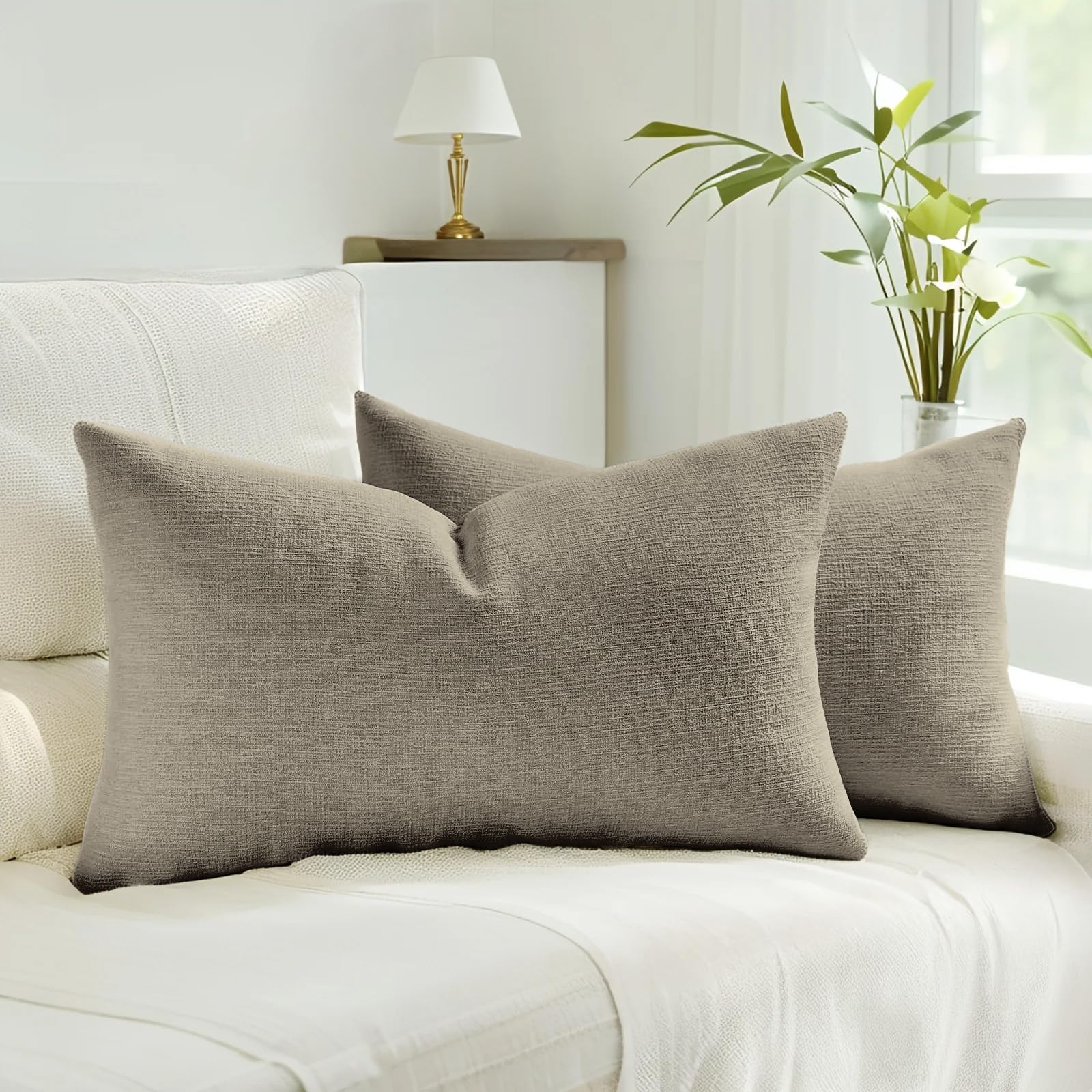 HAUSSY Pack of 2 Linen Pillow Covers 18x18 Inch, Decorative Throw Pillows Soft Boho Neutral Cushion Covers Home Decor Modern Soild Pillow Cases for Couch Living Room Sofa Bed, Coffee (Covers Only)