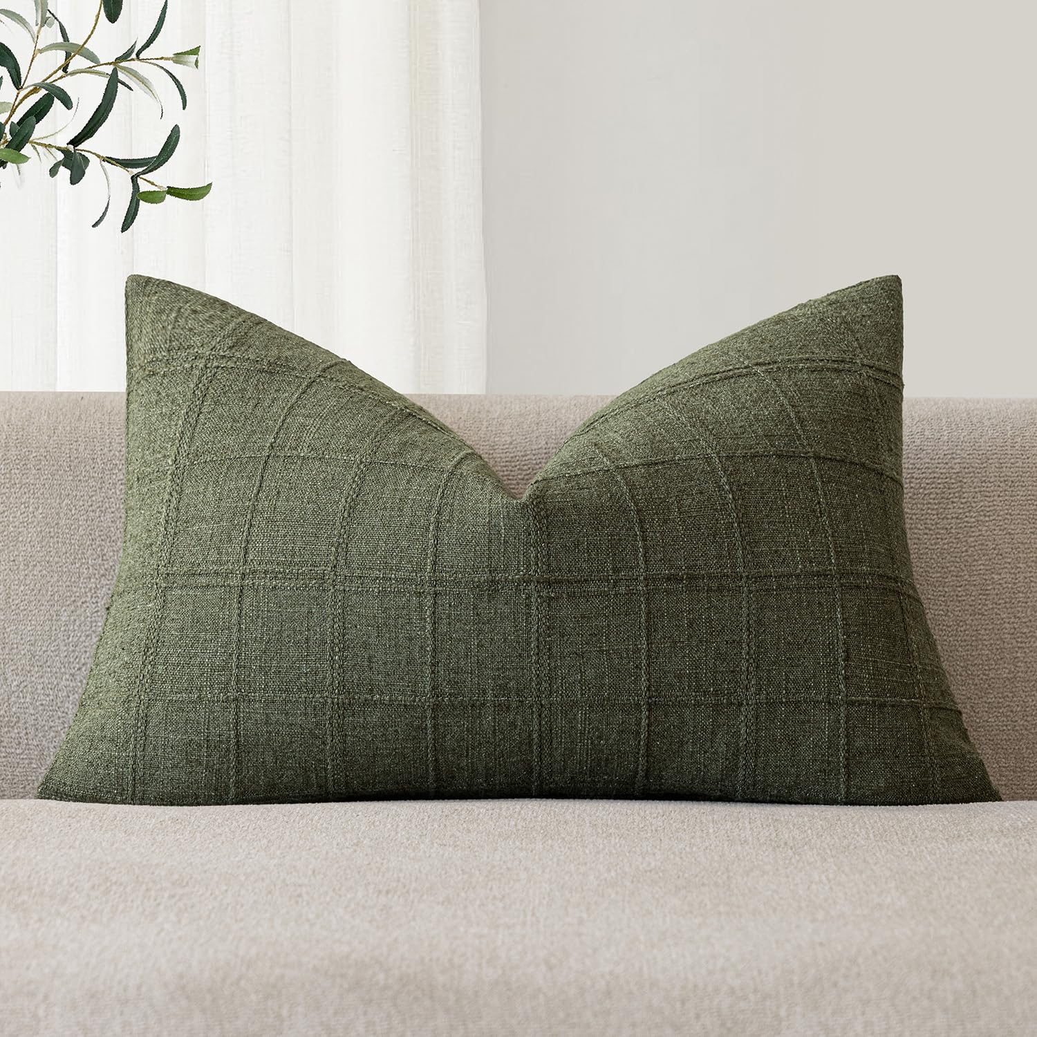 Foindtower Set of 1 Decorative Linen Check Throw Pillow Cover Neutral Farmhouse Lumbar Cushion Cover Modern Boho Home Decor for Sofa Chair Couch Bedroom Living Room,12×20 Inch,Natural Beige