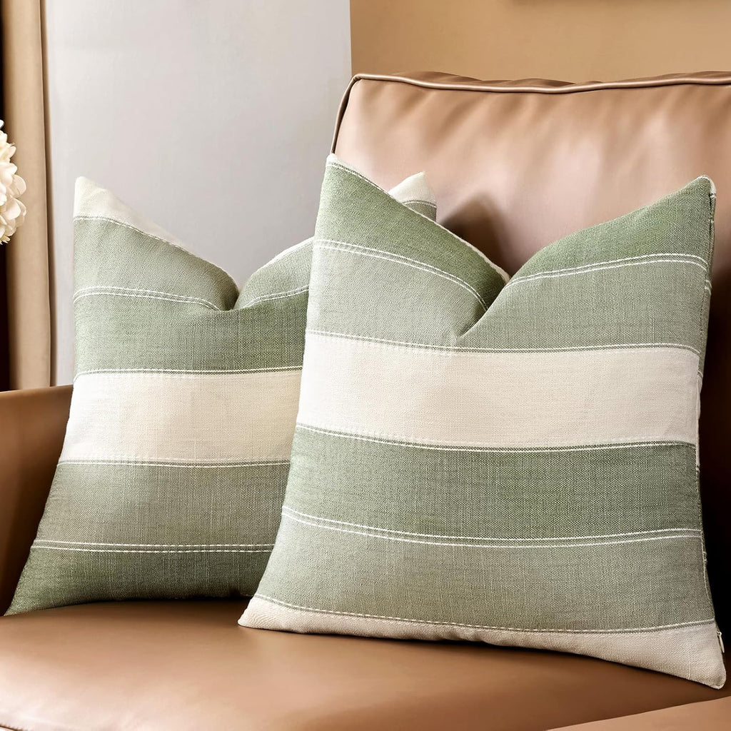 AmHoo Pack of 2 Farmhouse Stripe Check Throw Pillow Covers Set Case Cotton Linen Decorative Pillowcases Cushion Cover for Couch Bench Sofa 20x20 Inch Sage Green