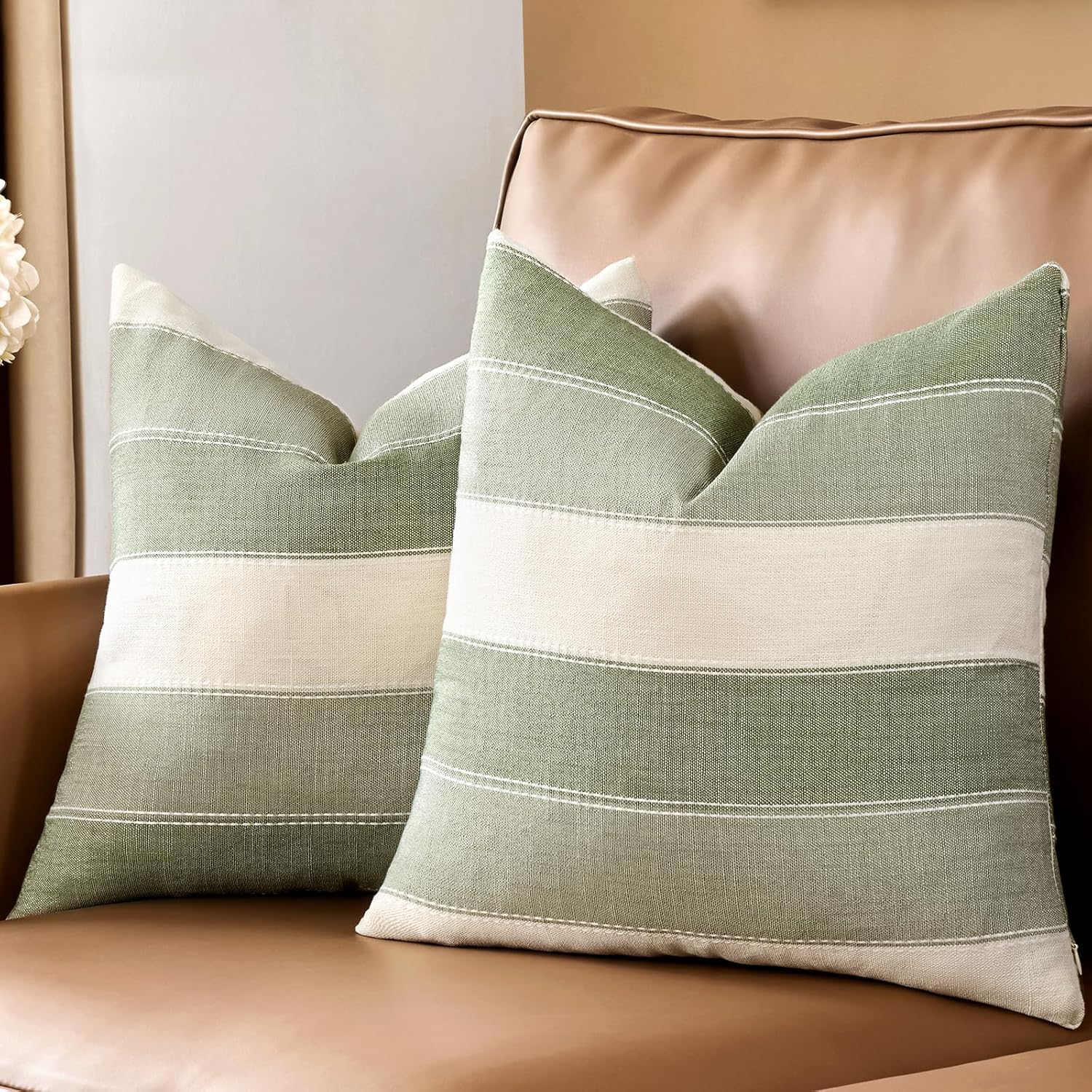 AmHoo Pack of 2 Farmhouse Stripe Check Throw Pillow Covers Set Case Cotton Linen Decorative Pillowcases Cushion Cover for Couch Bench Sofa 20x20 Inch Sage Green