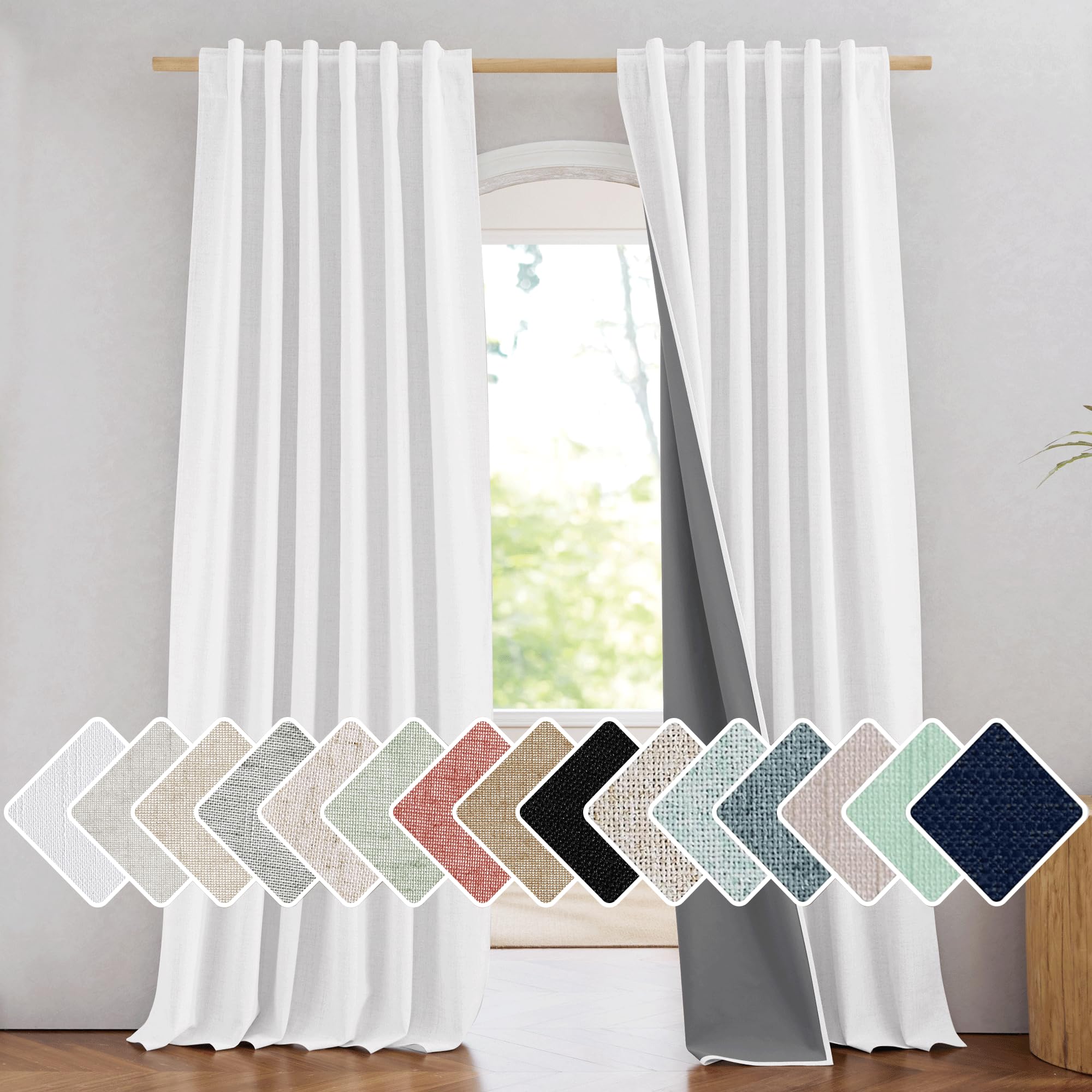 NICETOWN 100% Blackout Linen Curtains 90" Long for Bedroom, Thermal Insulated Living Room Curtains with Liner, Farmhouse Style Linen Blend Window Draperies for Dining Room (2 Panels, 52" W, Natural)