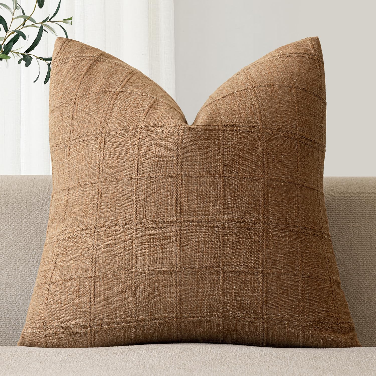 Foindtower Set of 1 Decorative Linen Check Throw Pillow Cover Neutral Farmhouse Lumbar Cushion Cover Modern Boho Home Decor for Sofa Chair Couch Bedroom Living Room,12×20 Inch,Natural Beige