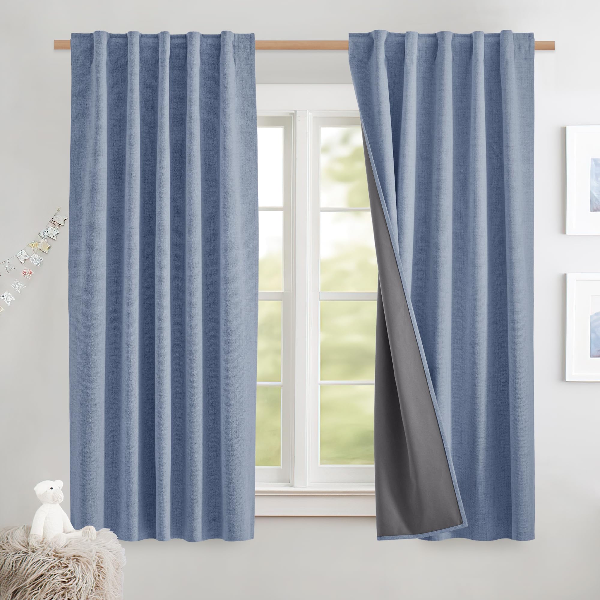 NICETOWN 100% Blackout Linen Curtains 90" Long for Bedroom, Thermal Insulated Living Room Curtains with Liner, Farmhouse Style Linen Blend Window Draperies for Dining Room (2 Panels, 52" W, Natural)