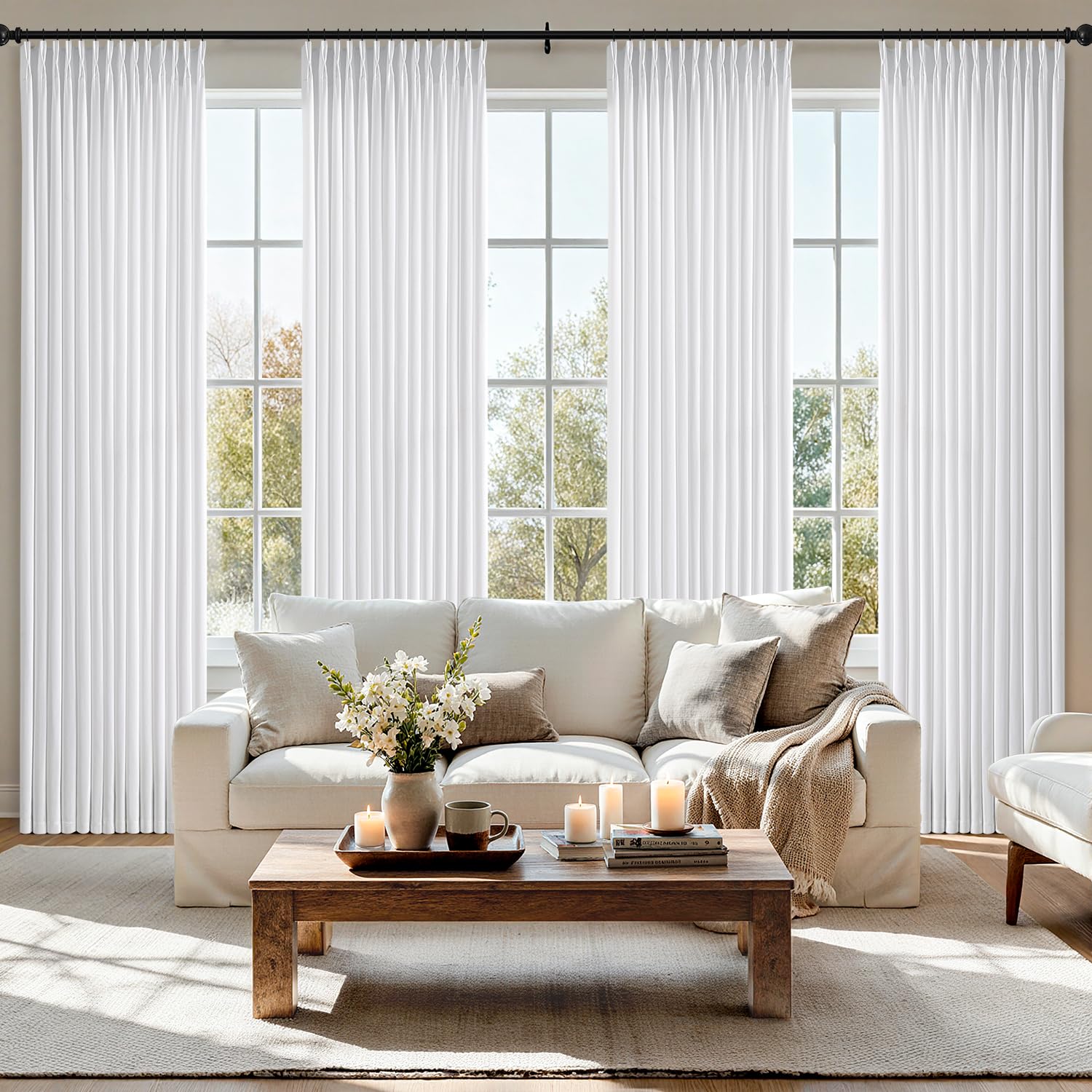 MIULEE Pinch Pleated Thick Linen Curtains 90 Inches 4 Panels Set Ivory Cream Back Tab Memory Trained Pinch Pleat Semi Sheer Light Filtering Privacy Curtains Window Drapes for Living Room Bedroom Birch