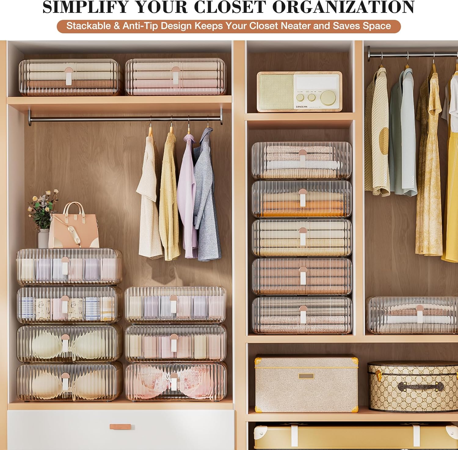 Sock Underwear Drawer Organizer - 24 Compartment Clear Acrylic Storage Bins with Removable Dividers for Closet, Stackable Dresser Drawer Box for No-Mess Socks, Tiers, Baby Clothes, Belt, Tea Bag