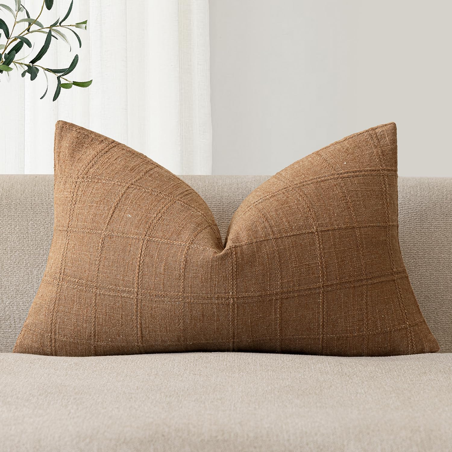 Foindtower Set of 1 Decorative Linen Check Throw Pillow Cover Neutral Farmhouse Lumbar Cushion Cover Modern Boho Home Decor for Sofa Chair Couch Bedroom Living Room,12×20 Inch,Natural Beige