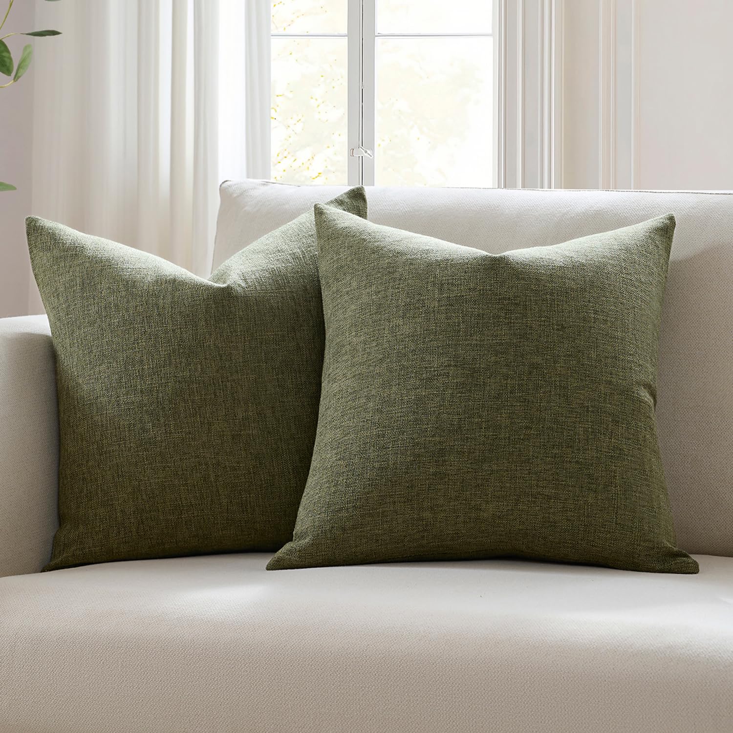 Meekio Set of 2 Ivory Throw Pillow Covers 18x18, Modern Farmhouse Linen Blend Decorative Pillow Covers for Couch Sofa Bed, Neutral Home Decor
