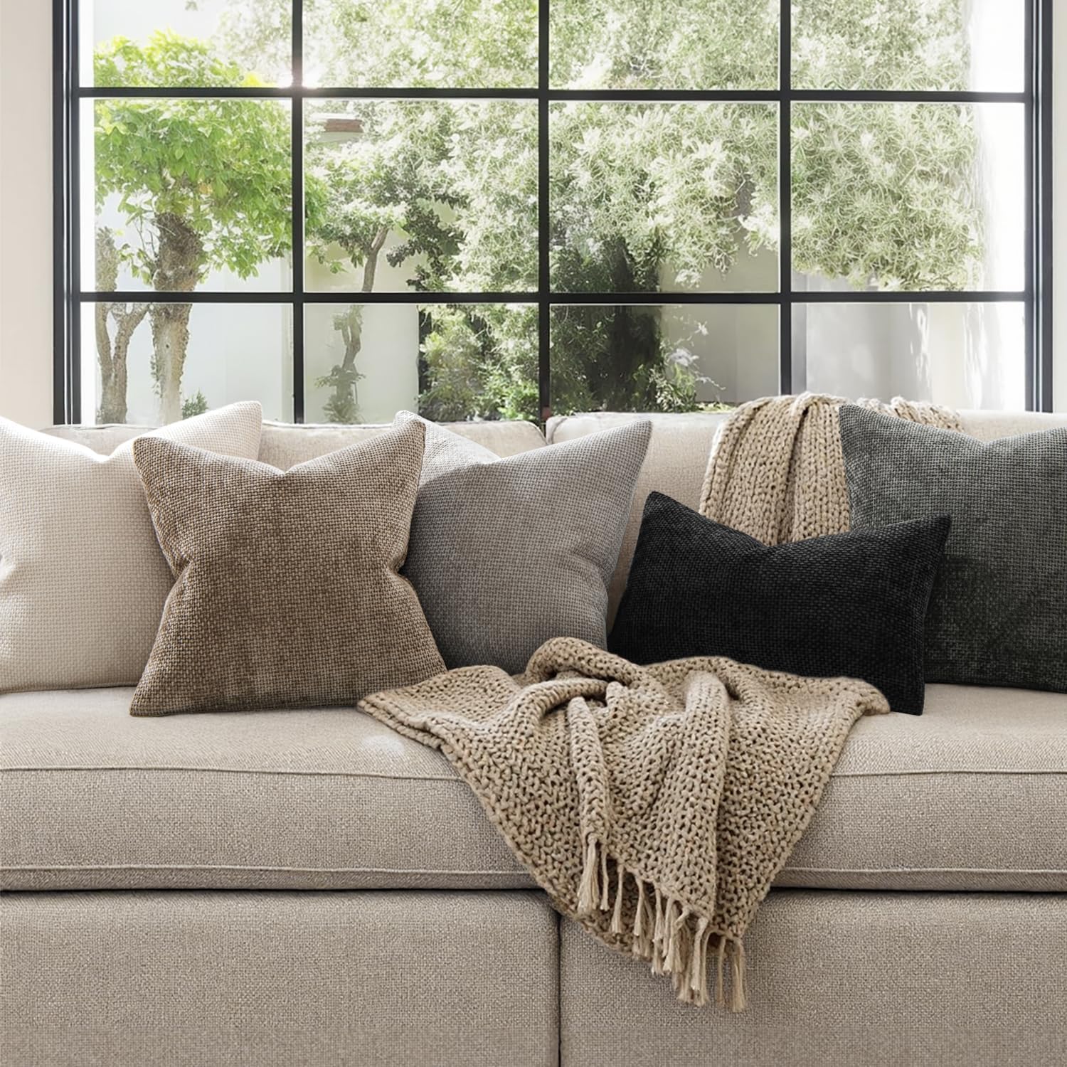 MIULEE Pack of 2 Couch Throw Pillow Covers 18x18 Inch Neutral Beige Modern Boho Accent Decorative Pillow Covers Soft Chenille Farmhouse Cushion Covers for Home Decor Bed Sofa Living Room