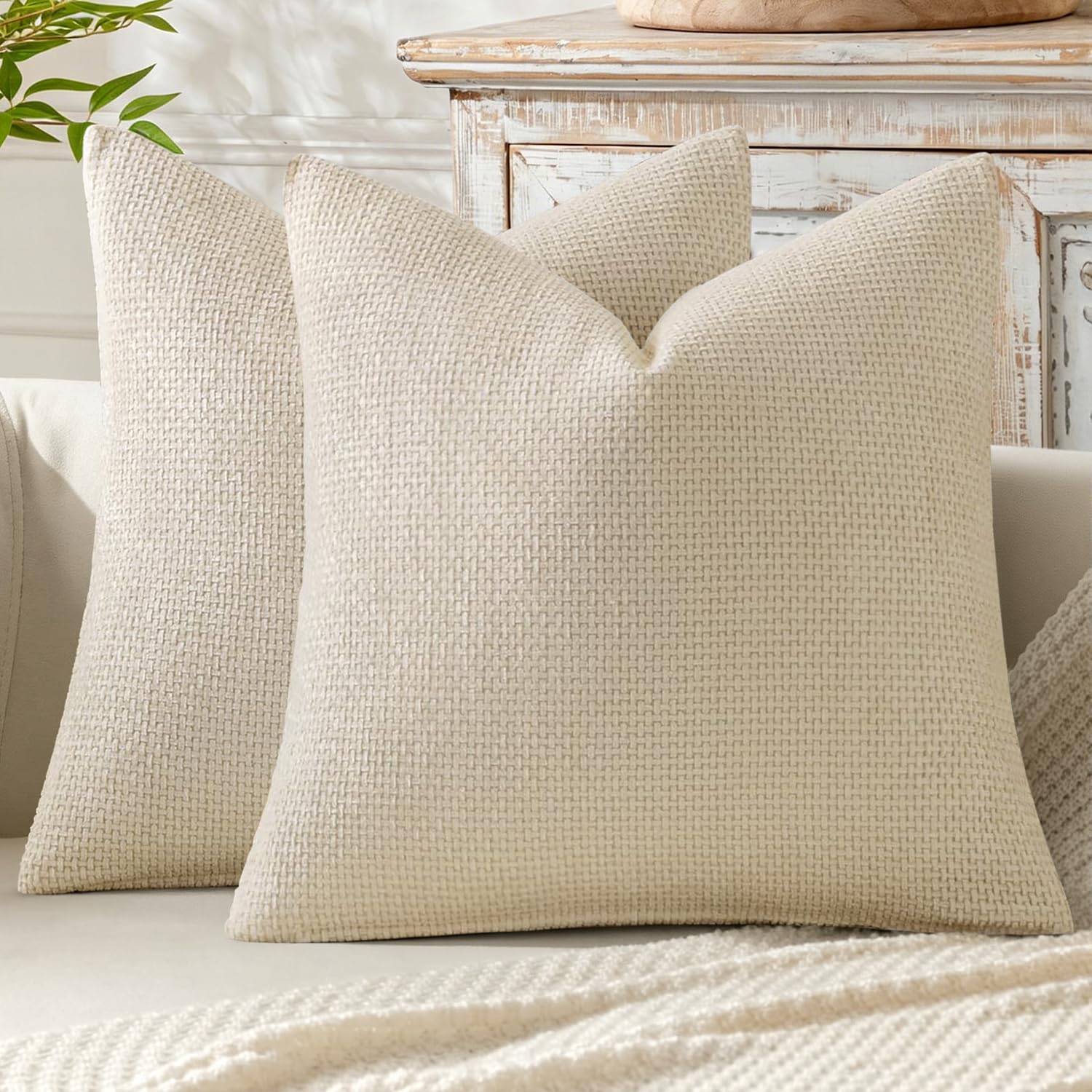 MIULEE Pack of 2 Couch Throw Pillow Covers 18x18 Inch Neutral Beige Modern Boho Accent Decorative Pillow Covers Soft Chenille Farmhouse Cushion Covers for Home Decor Bed Sofa Living Room