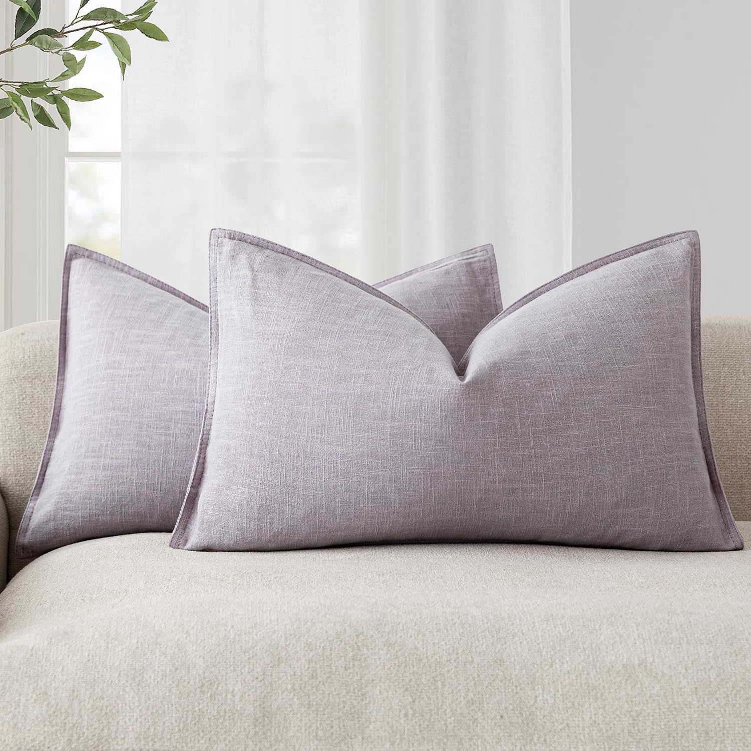 Foindtower Pack of 2, Decorative Linen Soild Throw Pillow Covers Soft Accent Cushion Case Boho Farmhouse Neutral Pillowcase for Couch Sofa Bedroom Living Room Home Decor 20 x 20 Inch Natural Beige
