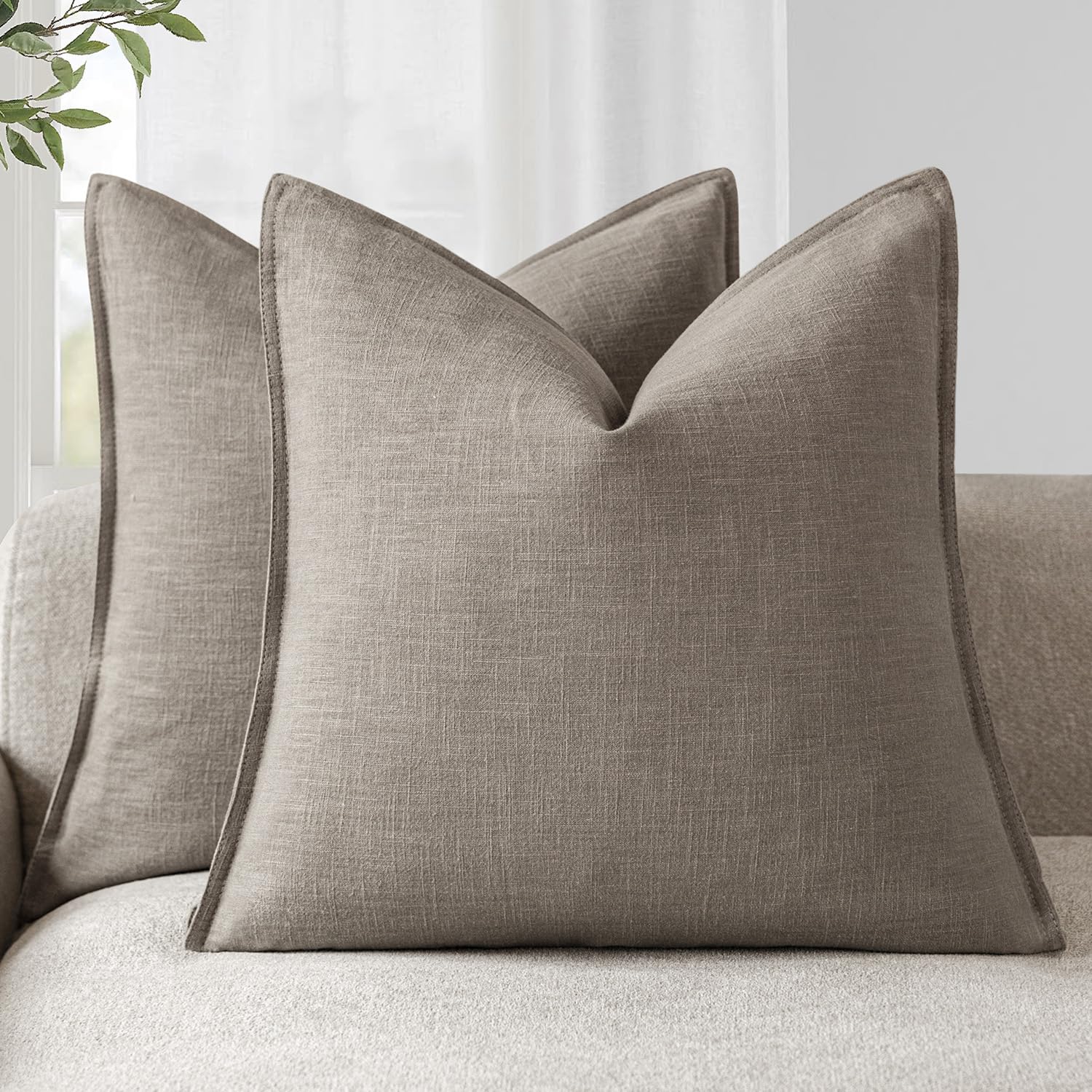 Foindtower Pack of 2, Decorative Linen Soild Throw Pillow Covers Soft Accent Cushion Case Boho Farmhouse Neutral Pillowcase for Couch Sofa Bedroom Living Room Home Decor 20 x 20 Inch Natural Beige