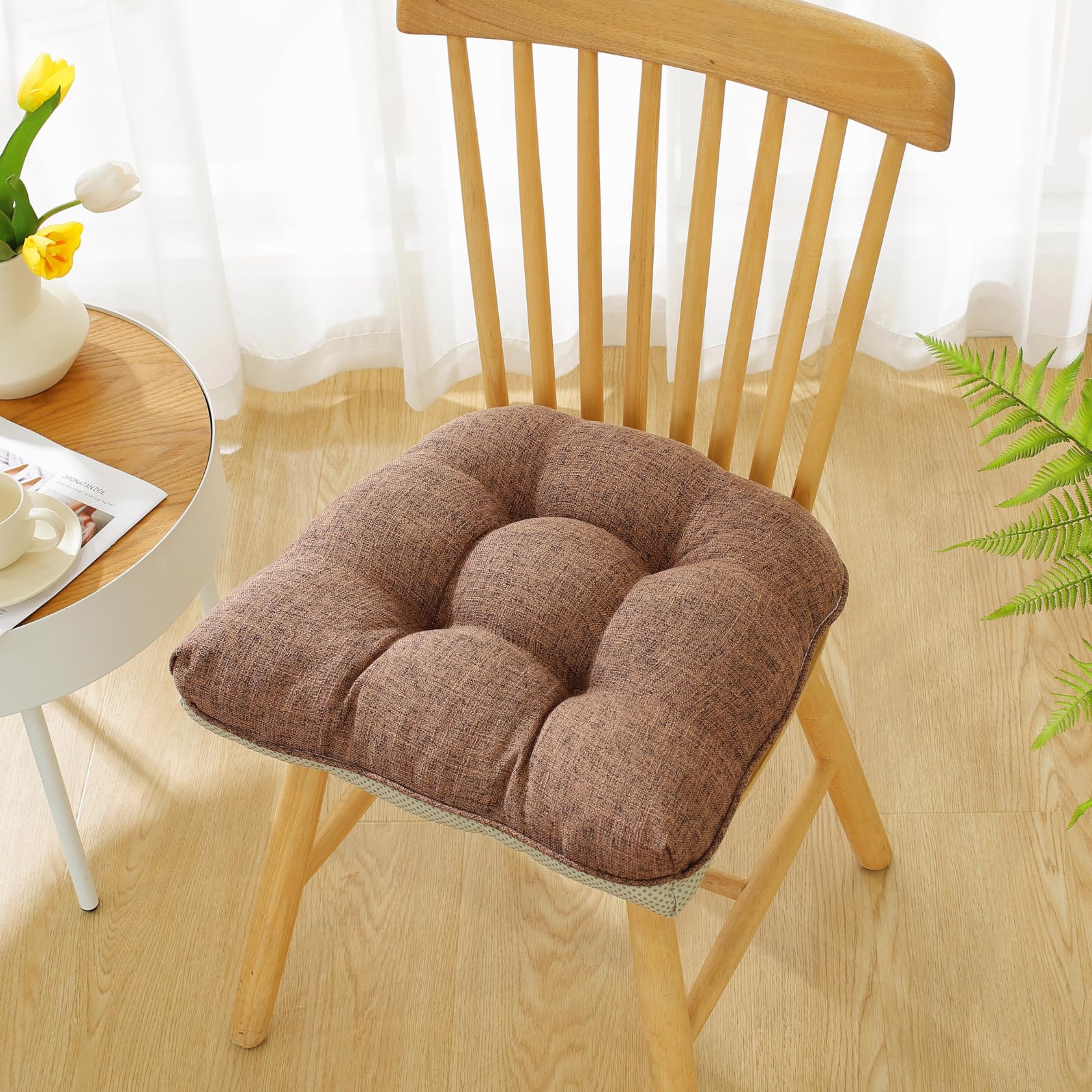 Cotton Linen Soft Comfort Chair Cushion 18"x17"x2" Tufted Chair Pads with Ties Non-Slip Seat Cushions for Indoor Dining Room Kitchen and Office Chairs (Khaki,18"x17")