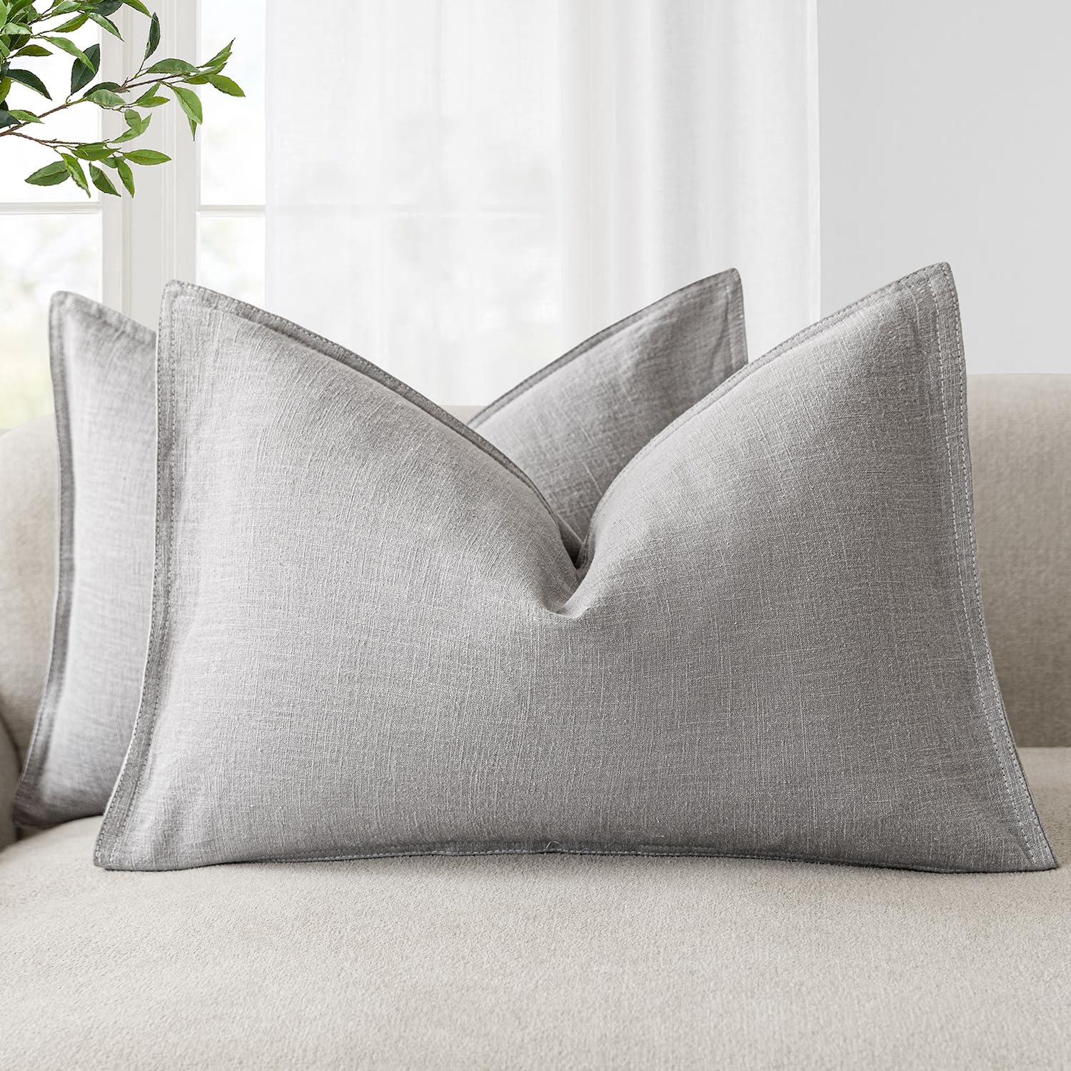 Foindtower Pack of 2, Decorative Linen Soild Throw Pillow Covers Soft Accent Cushion Case Boho Farmhouse Neutral Pillowcase for Couch Sofa Bedroom Living Room Home Decor 18 x 18 Inch Natural Beige