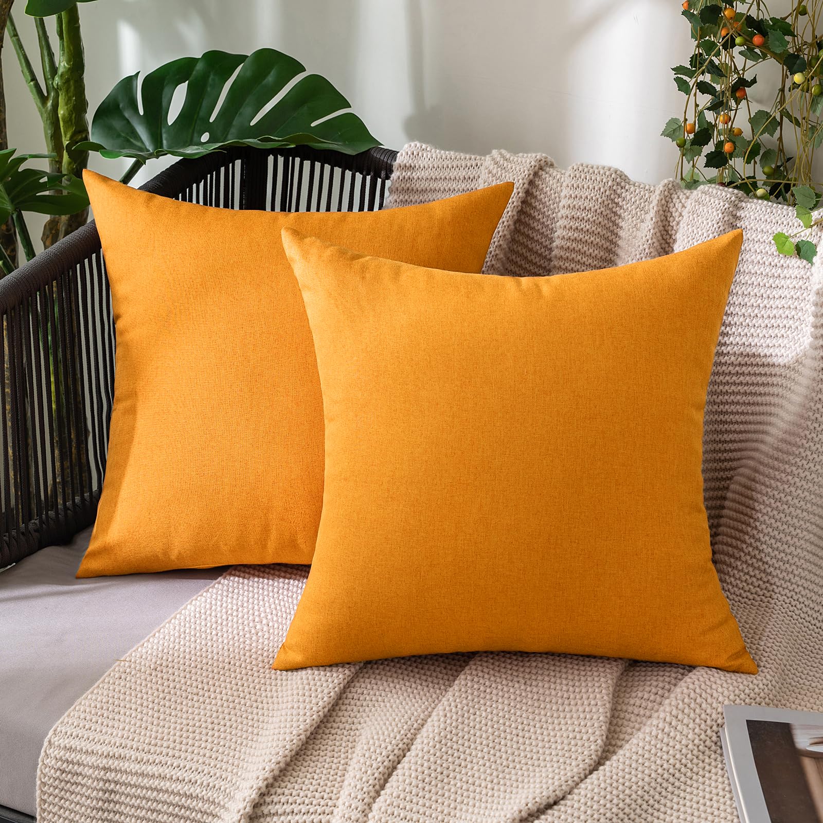 MIULEE Pack of 2 Decorative Outdoor Solid Waterproof Throw Pillow Covers Faux Linen Garden Farmhouse Cushion Cases for Patio Tent Balcony Couch Sofa 18x18 Inch Beige
