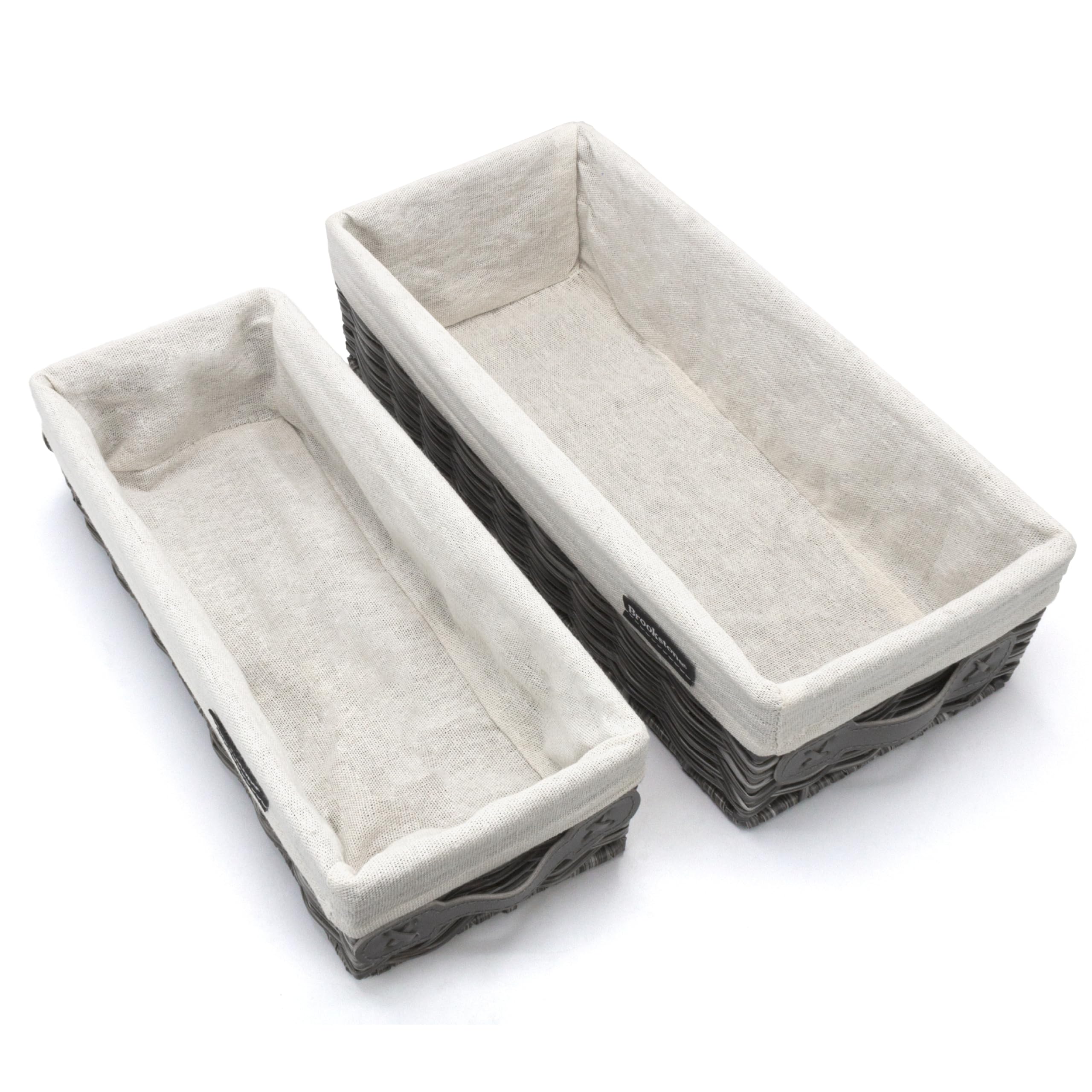 Brookstone Over the Toilet Tank Wicker Storage Basket, Bathroom and Closet Organizers and Storage Bins with Fabric Liner, Grey, 2 Pack Set