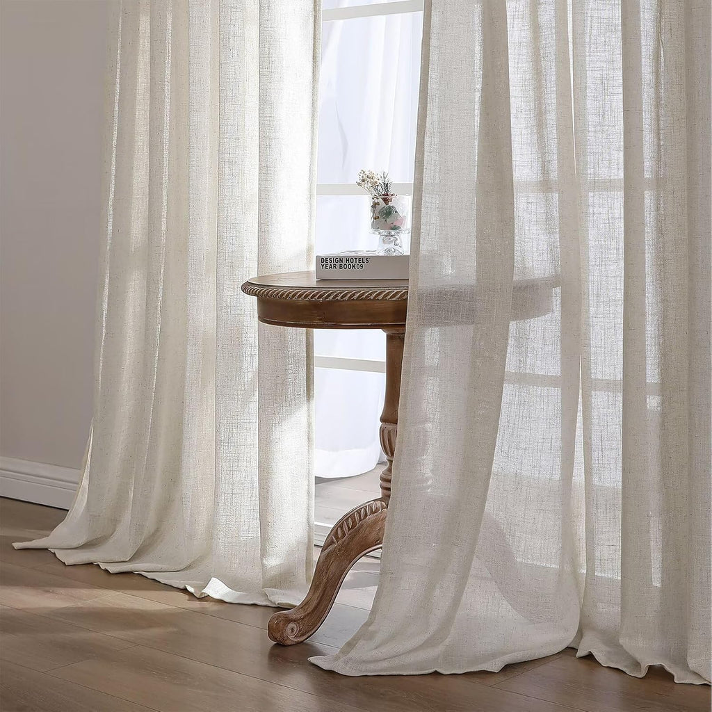 CUCRAF Natural Off White Linen Non See Through Semi Sheer Privacy Curtains 84 Inches, Light Filtering Curtain for Bedroom Living Room, 2 Panels Set Rod Pocket & Back Tab Window Drapes (52 x 84 Inch)