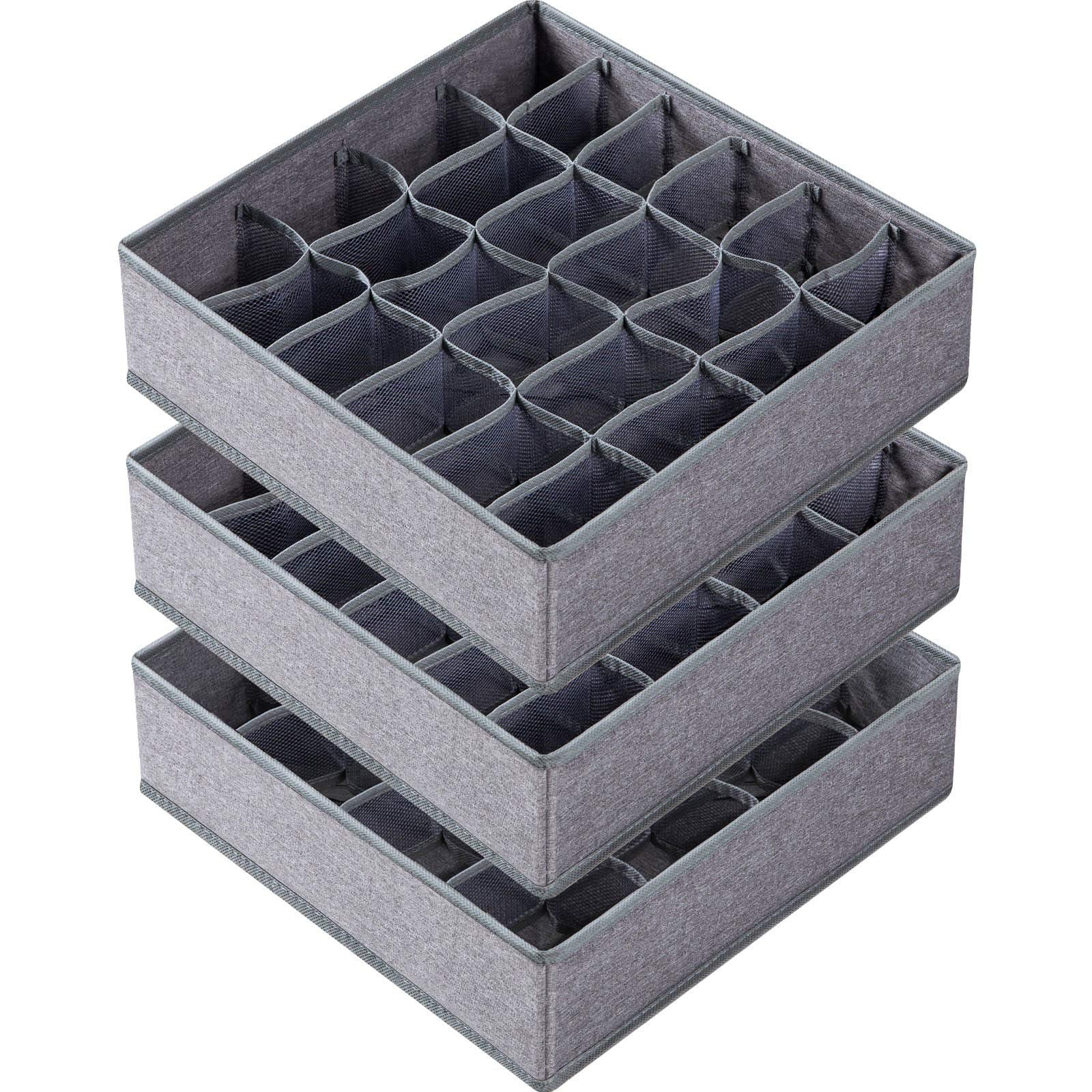 Criusia 3 Pack Sock Underwear Drawer Organizer Dividers, 64 Cell Fabric Foldable Dresser Organizer for Closet Organizers and Storage Boxes for Organizing Socks, Underwear, Ties (16+24+24 Cell, Gray)