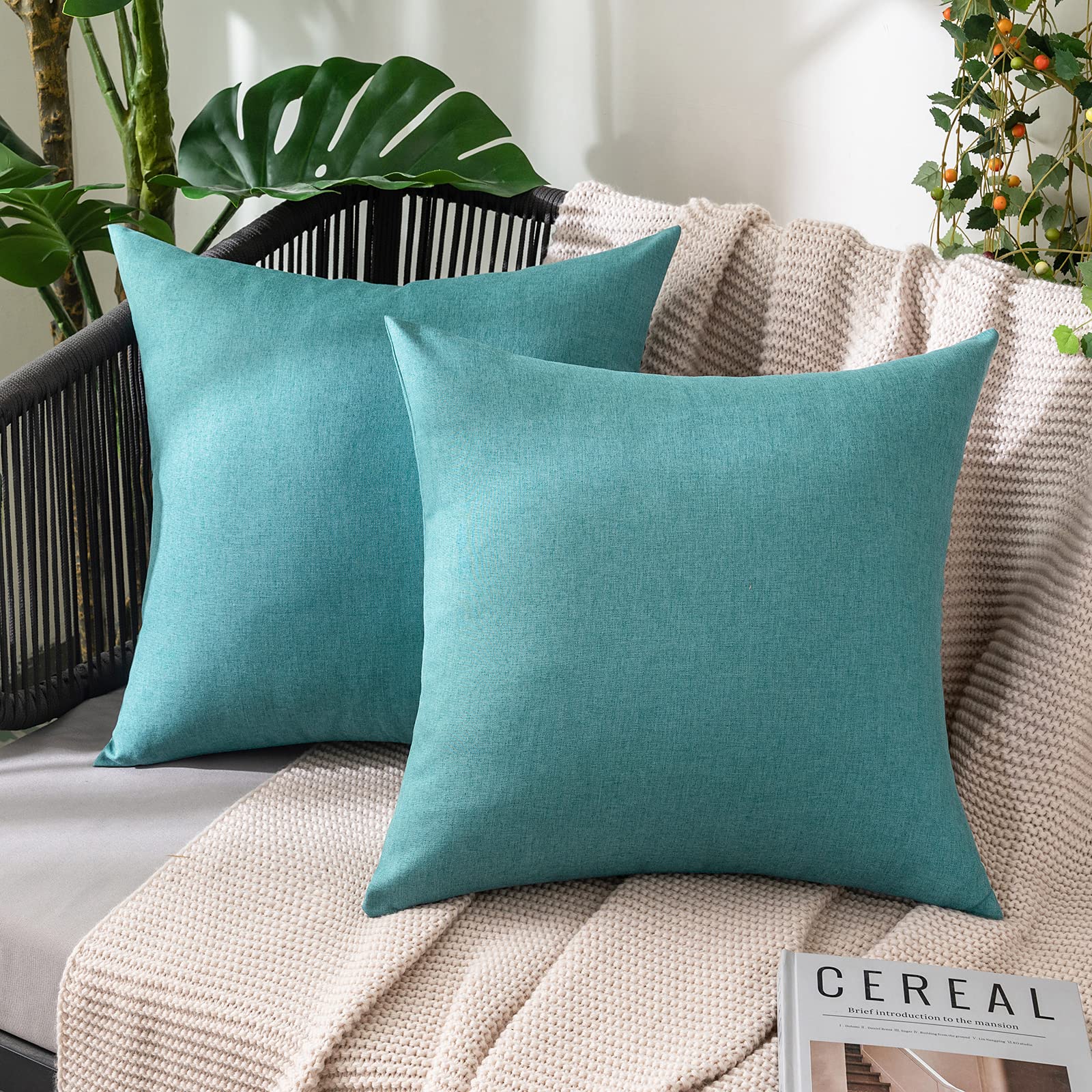 MIULEE Pack of 2 Decorative Outdoor Solid Waterproof Throw Pillow Covers Faux Linen Garden Farmhouse Cushion Cases for Patio Tent Balcony Couch Sofa 18x18 Inch Beige