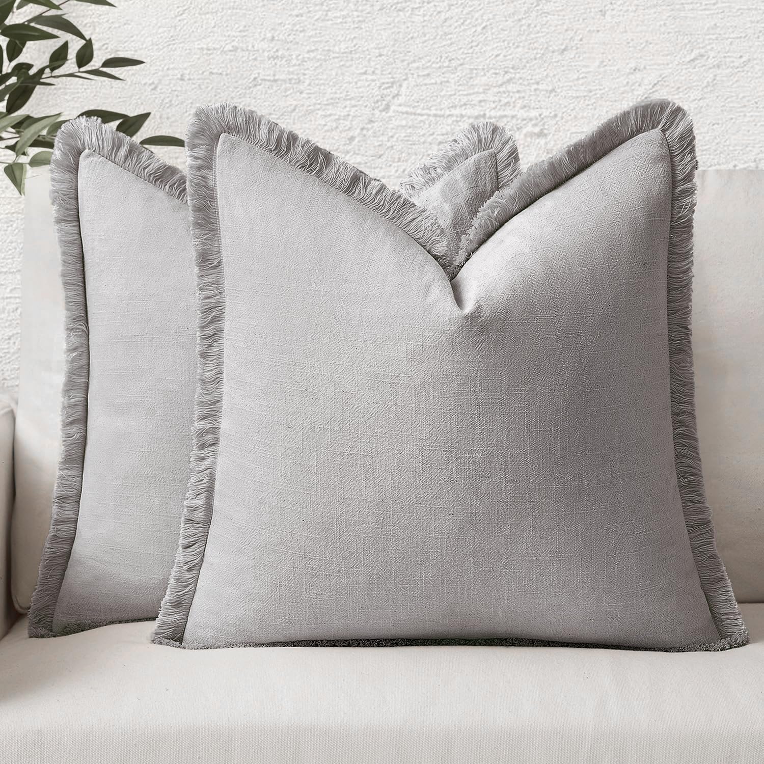 MIULEE Decorative Throw Pillow Covers Neutral Linen Fringe Throw Pillows Set of 2 Natural Beige Boho Farmhouse Cushion Cases with Tassels for Couch Sofa Bed Living Room Spring Decor 18x18 Inch