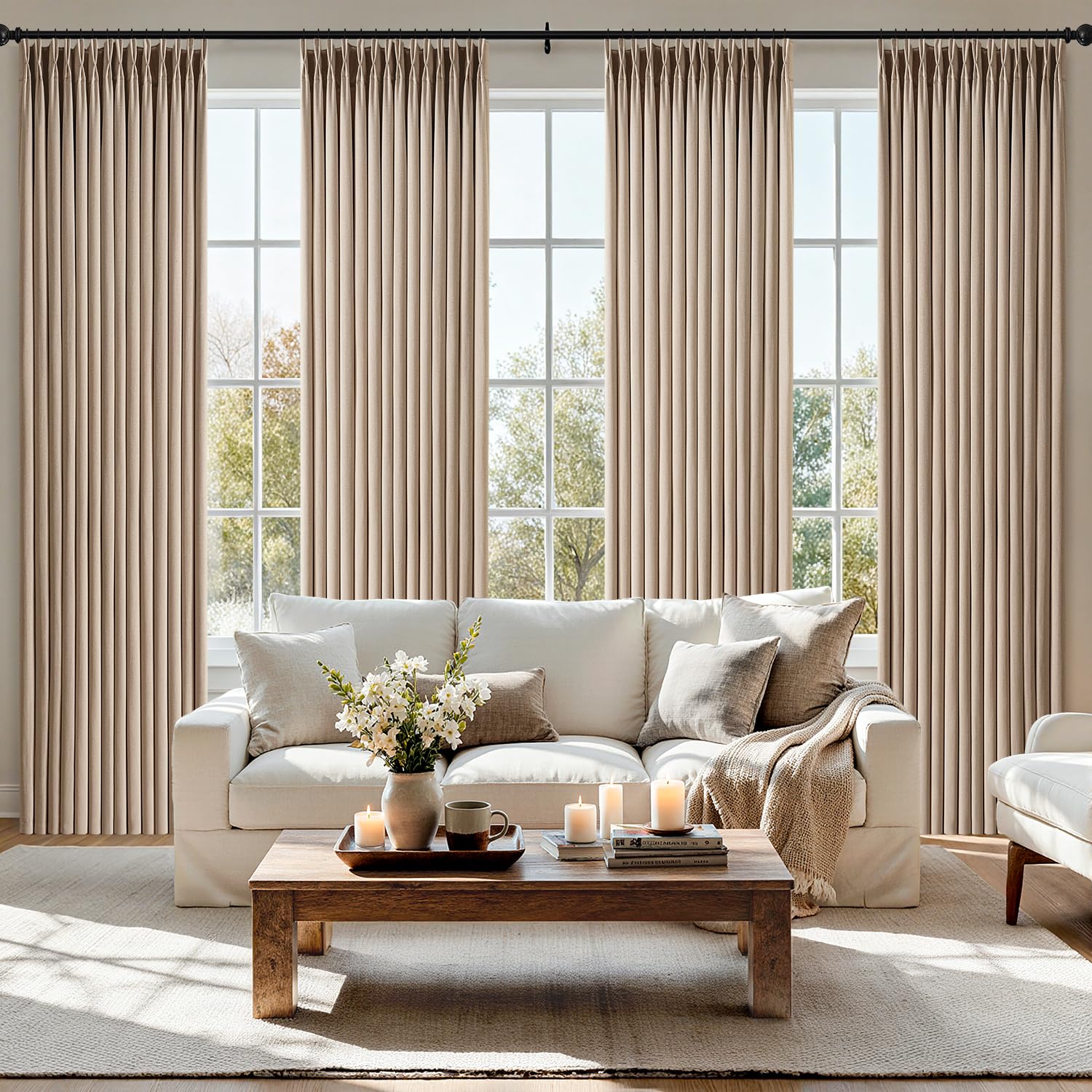 MIULEE Pinch Pleated Thick Linen Curtains 90 Inches 4 Panels Set Ivory Cream Back Tab Memory Trained Pinch Pleat Semi Sheer Light Filtering Privacy Curtains Window Drapes for Living Room Bedroom Birch