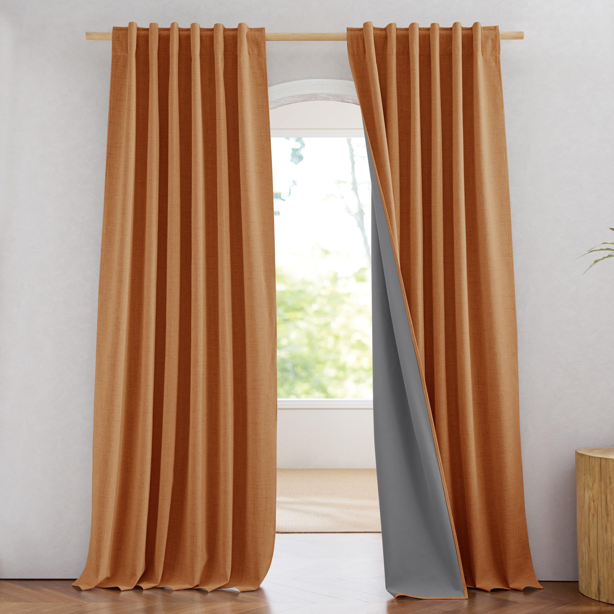 NICETOWN 100% Blackout Linen Curtains 90" Long for Bedroom, Thermal Insulated Living Room Curtains with Liner, Farmhouse Style Linen Blend Window Draperies for Dining Room (2 Panels, 52" W, Natural)